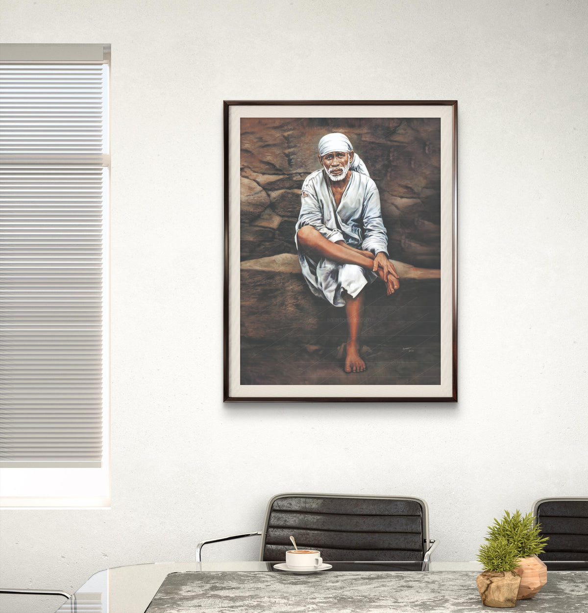 Sai Baba Original Photo Sitting on Stone Canvas Reprint | Hemant Art
