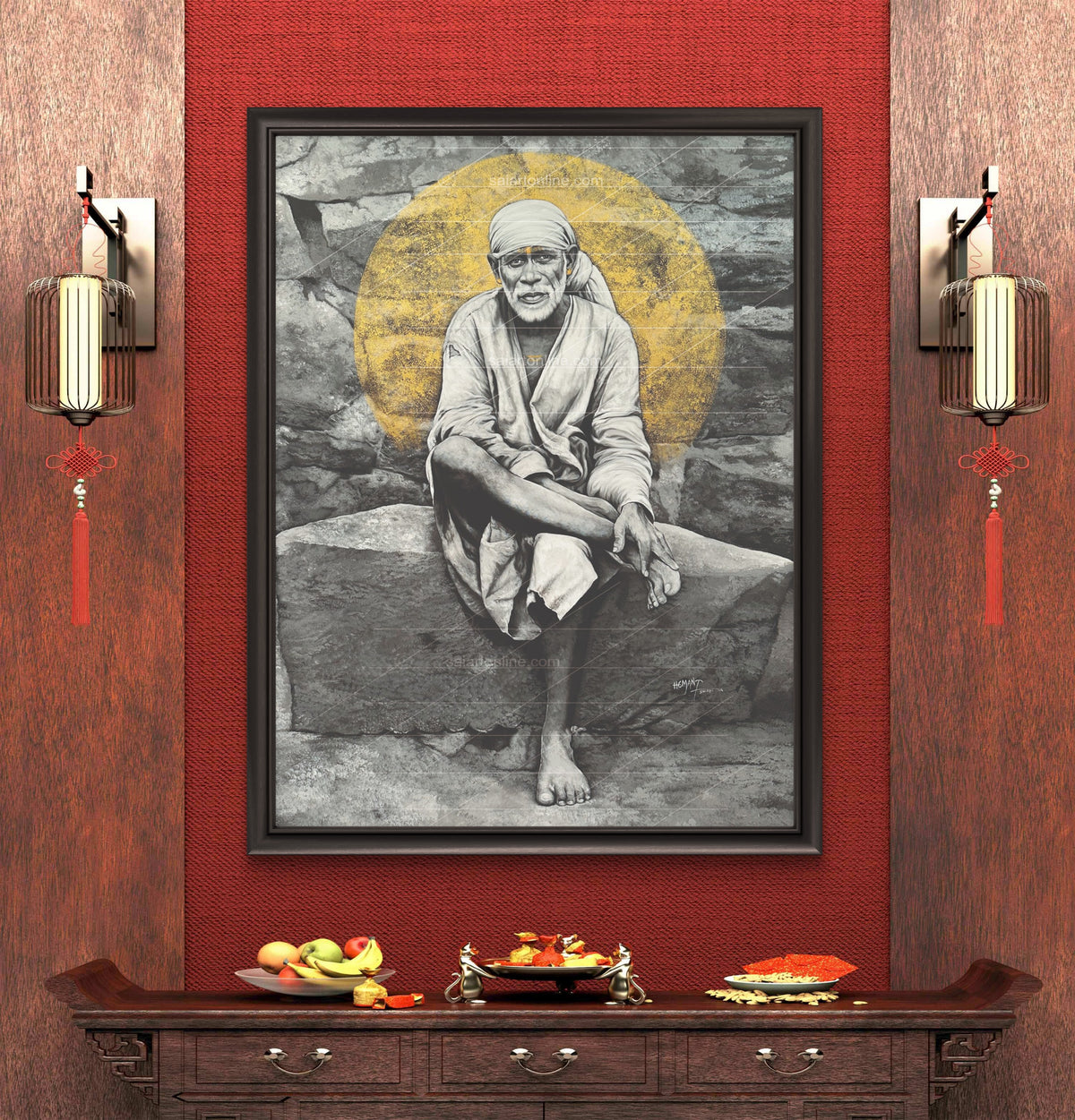 Sai Baba Original Photo Sitting on Stone Canvas Reprint | Hemant Art