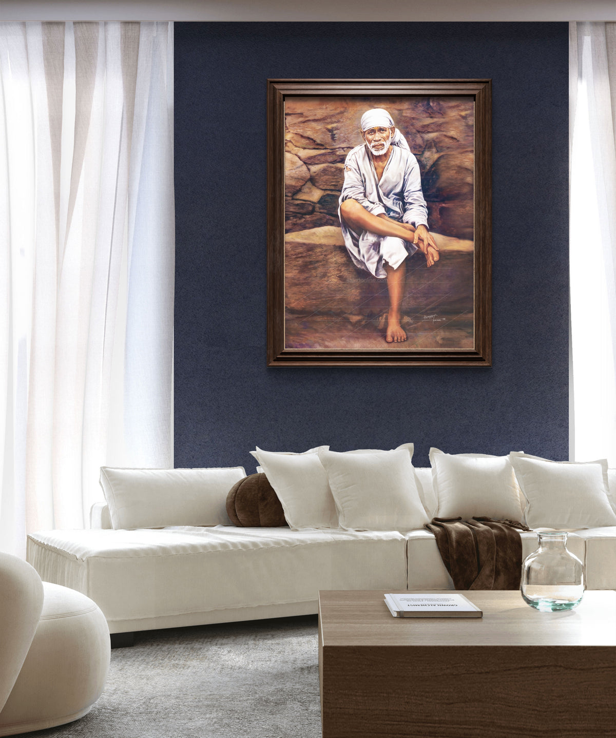 Sai Baba Original Photo Sitting on Stone Canvas Painting | Hemant Art