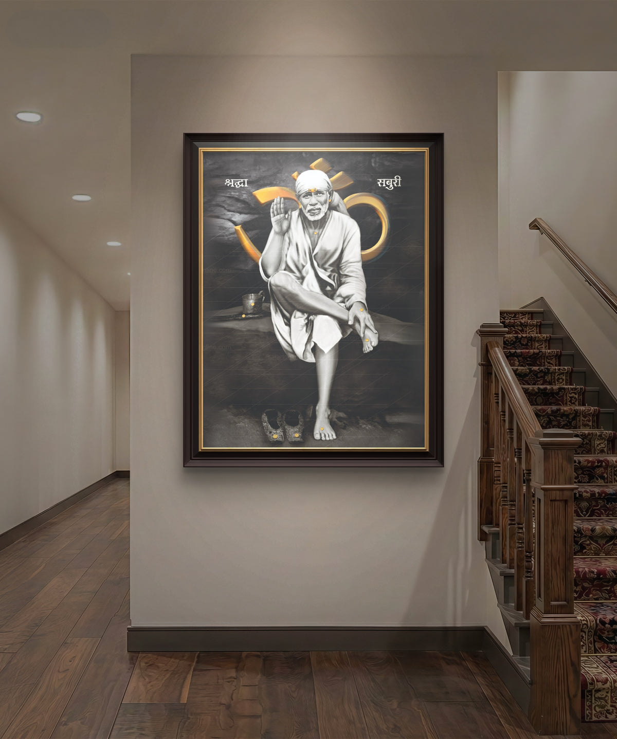 Sai Baba Original Photo Sitting on Stone Canvas Painting | Hemant Art