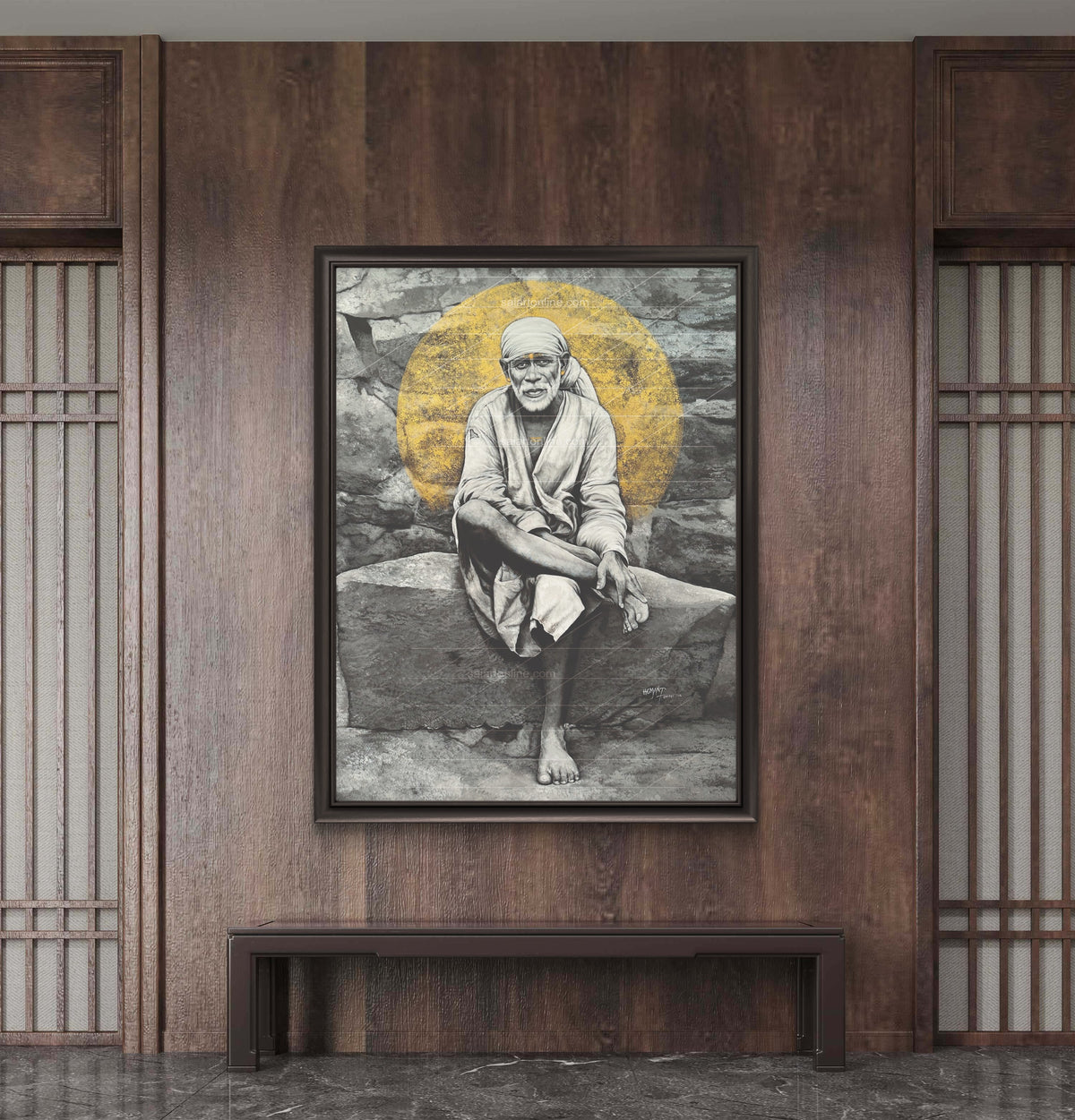 Sai Baba Original Photo Sitting on Stone Canvas Reprint | Hemant Art