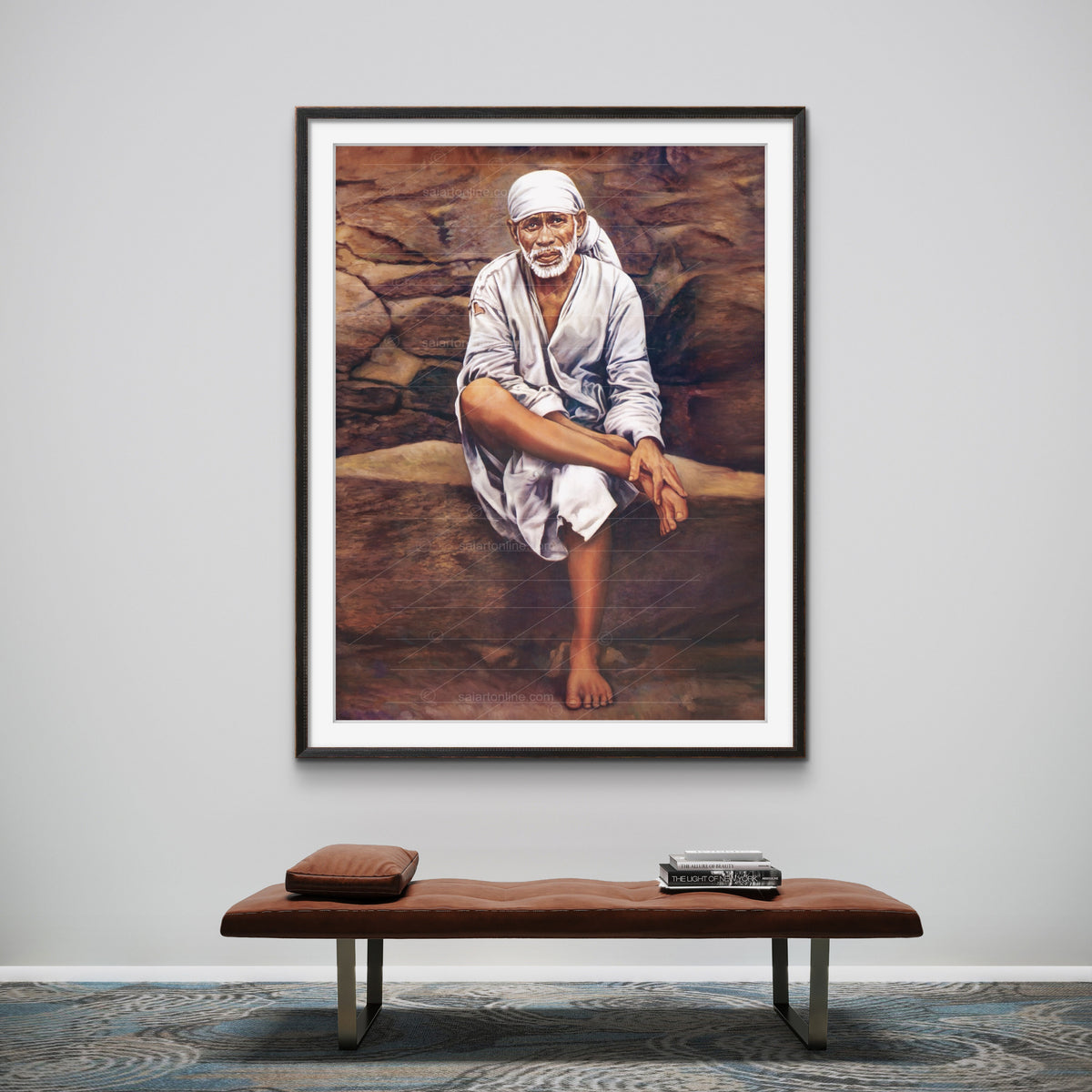 Sai Baba Original Photo Sitting on Stone Canvas Painting | Hemant Art