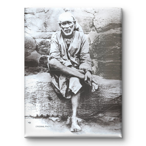Shirdi Sai Baba Original Photo Sitting on Stone Canvas Reprint | Hemant Art