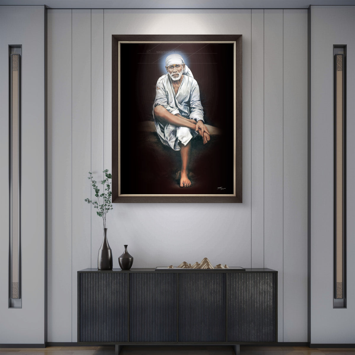 Shirdi Sai Baba Original Photo Sitting on Stone Canvas Painting | Hemant Art