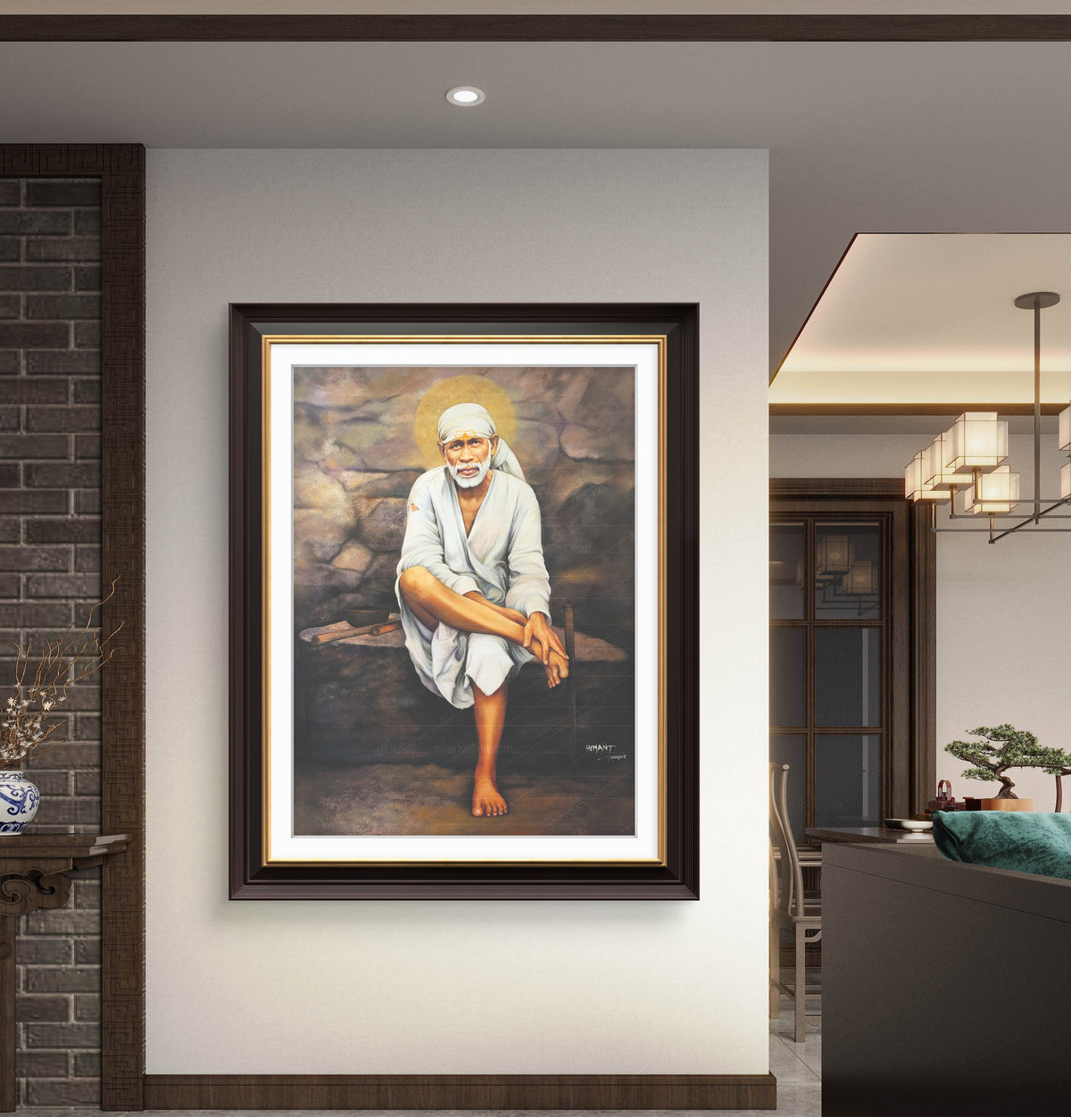 Sai Baba Original Photo Sitting on Stone Canvas Painting | Hemant Art