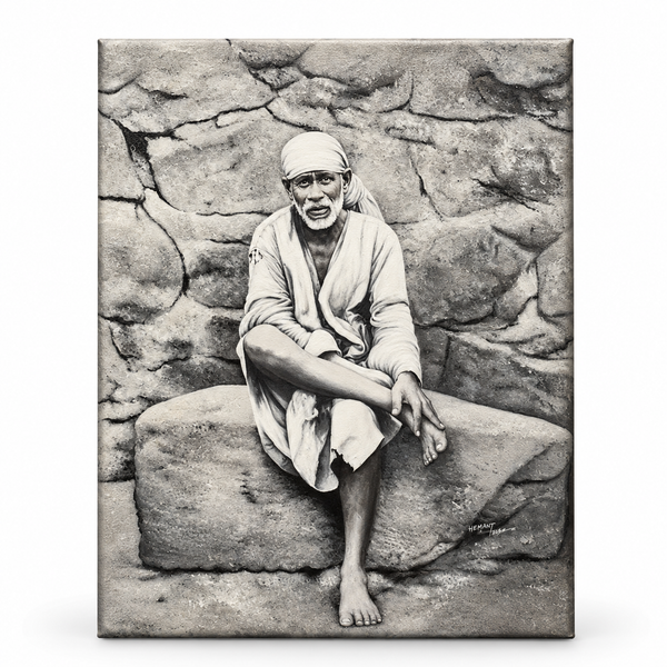 Sai Baba Original Photo Sitting on Stone Canvas Print | Hemant Art