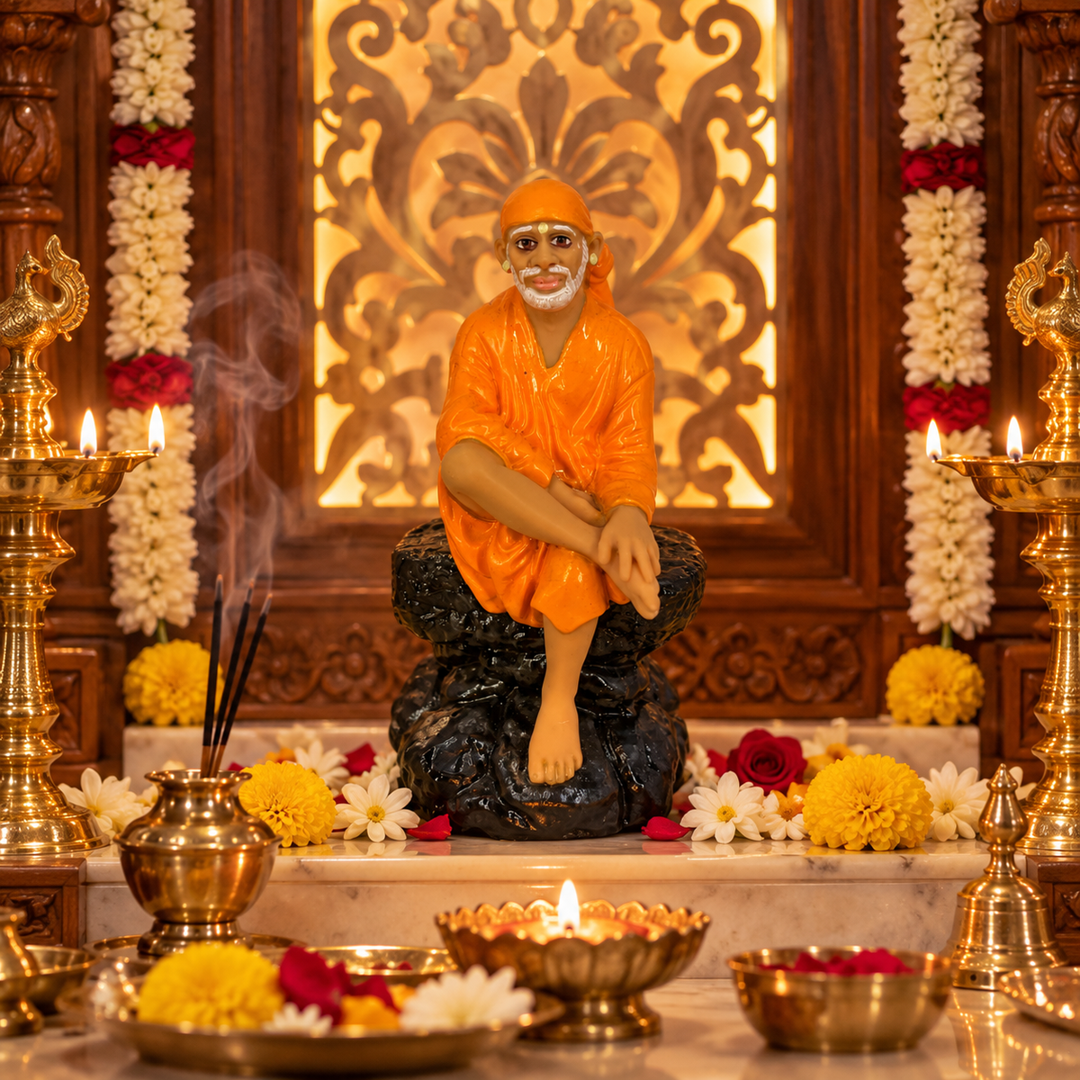 Saibaba Sitting On Stone Idol 0