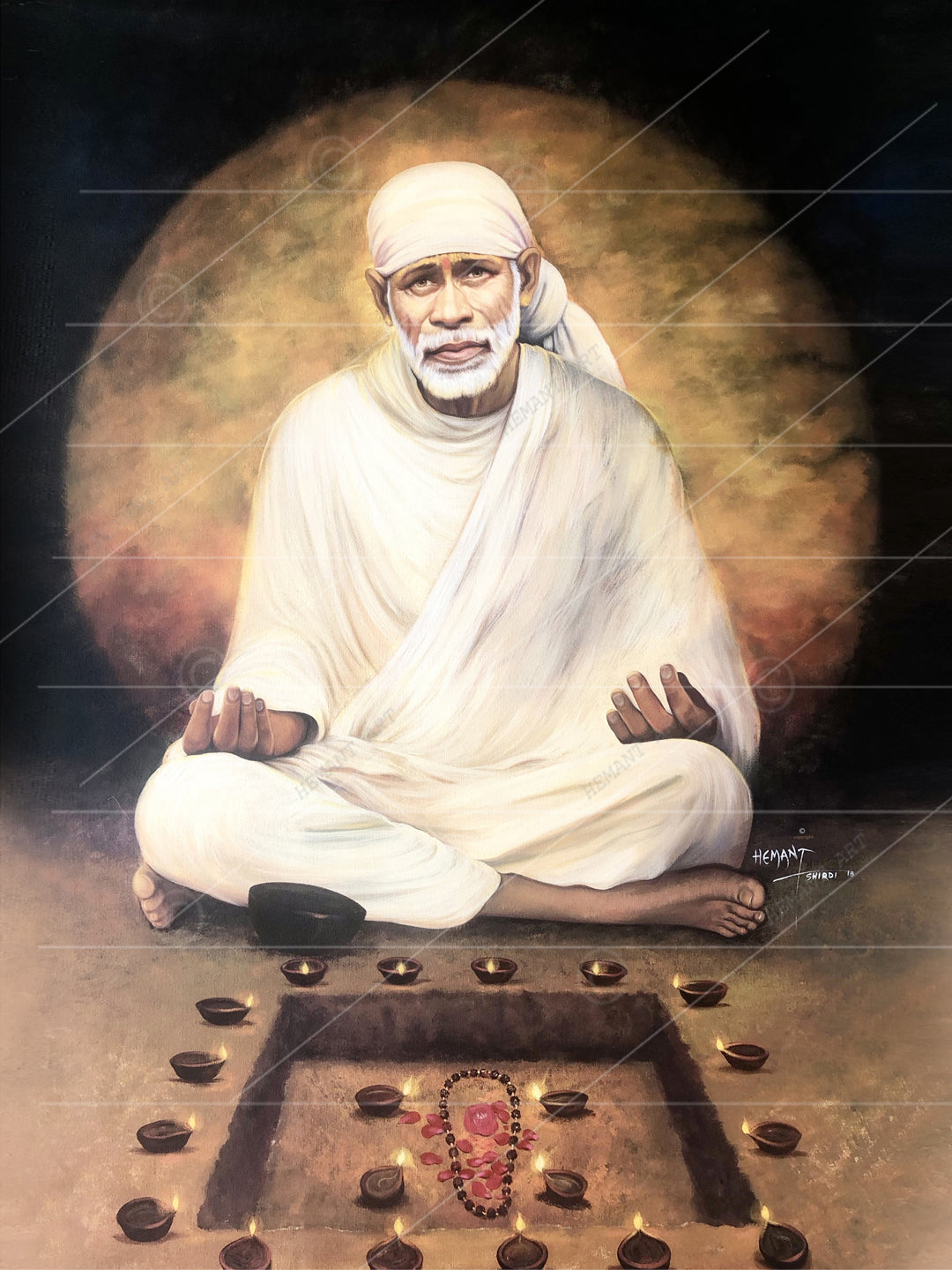 Hemant art Shirdi Sai Baba Meditation Photo Frame Canvas Painting Canvas Wall Art – Spiritual Home Decor for Puja Room & Meditation Space