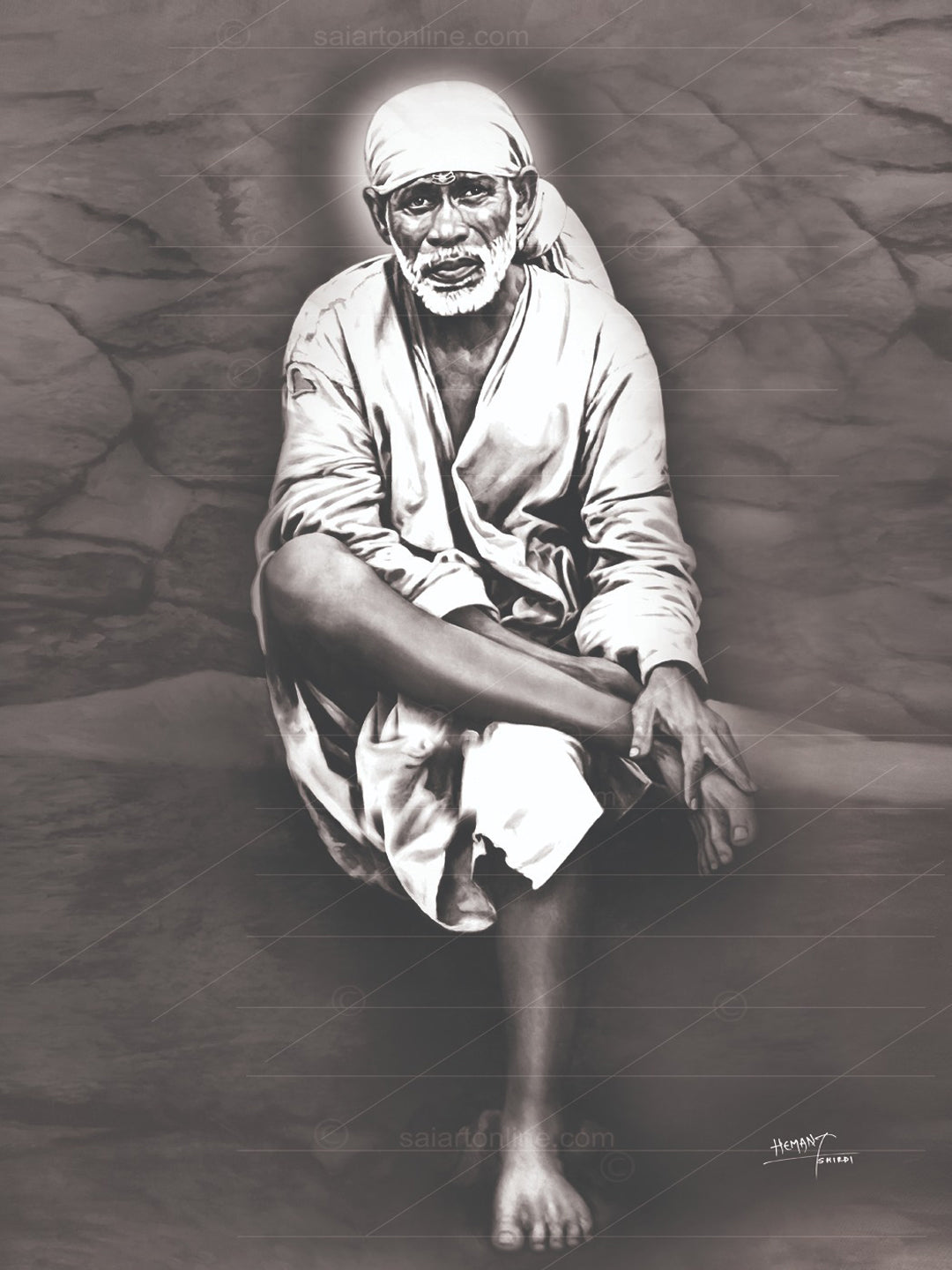 Shirdi Sai Baba Photo Sitting On Stone Hand Painting Canvas Reprint Wall Art Decor photo, Picture/Poster