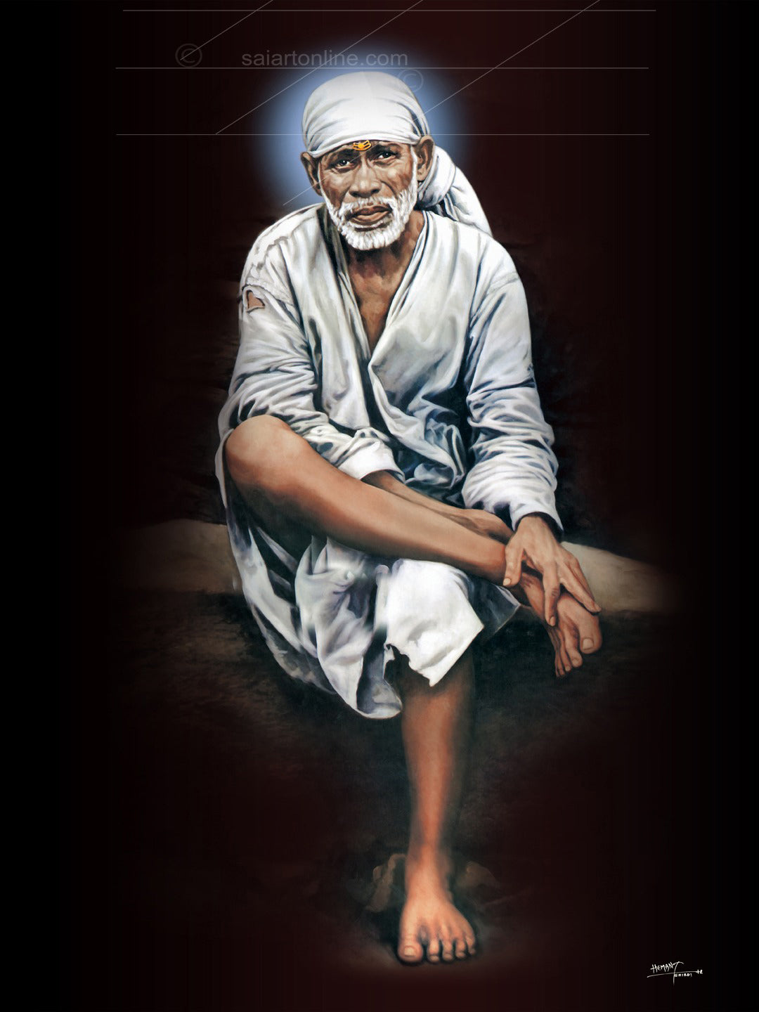 Shirdi Sai Baba Photo Sitting On Stone Hand Painting Canvas Reprint Wall Art Decor photo, Picture/Poster