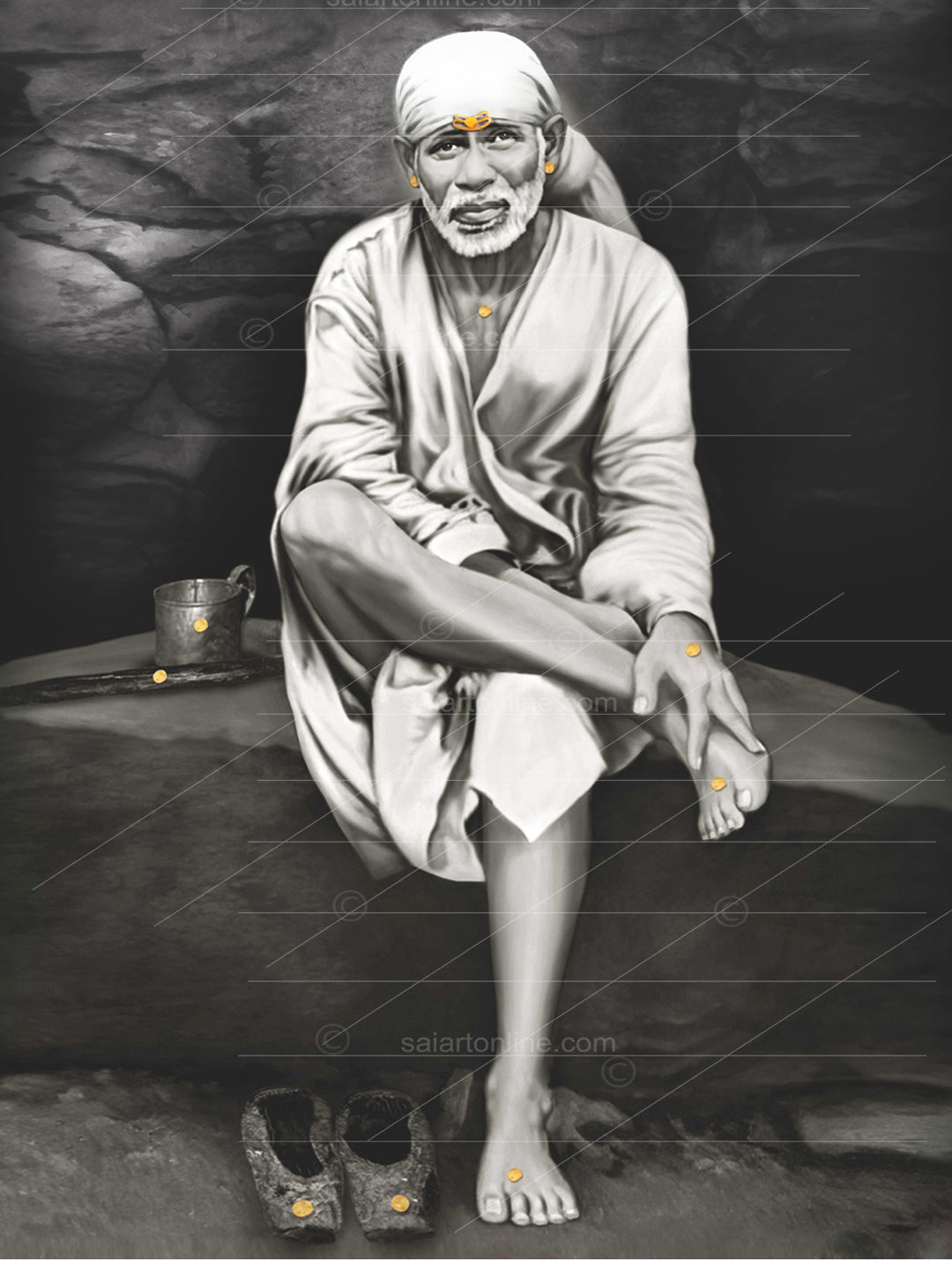 Saibaba on Stone Canvas Print, Black & White Hemant Art