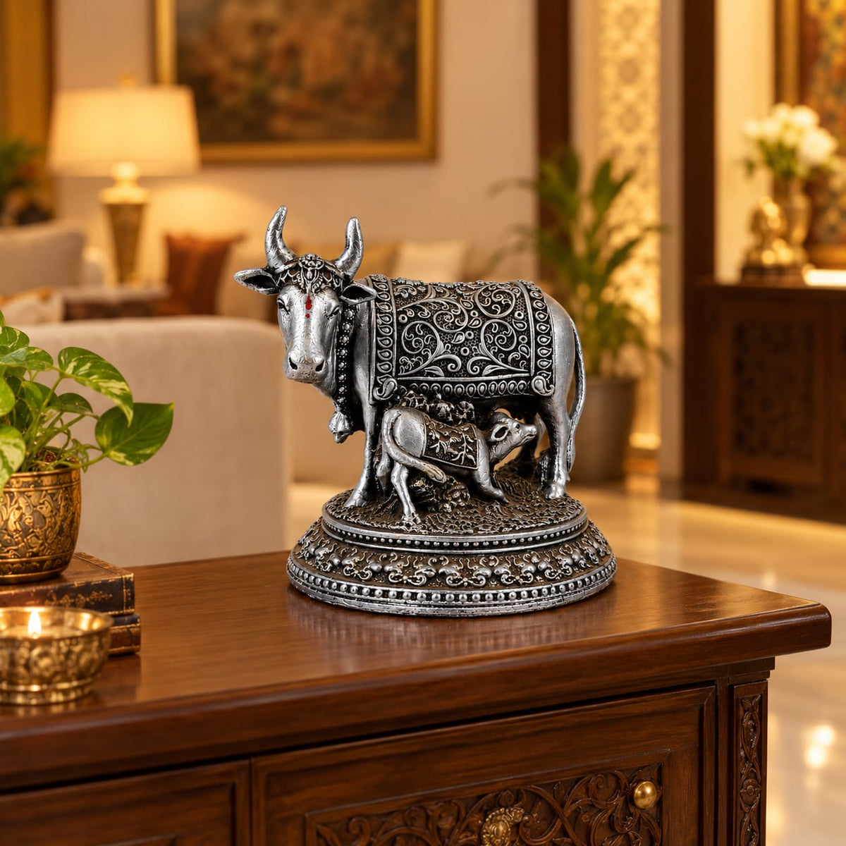 Silver Antique Kamadhenu Cow & Calf Decorative Statue | Hemant Art