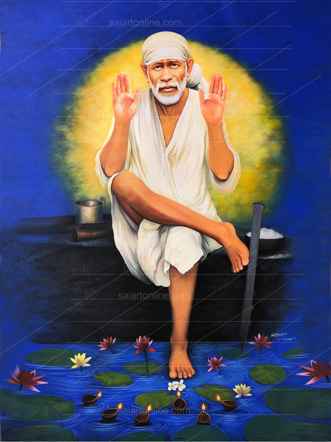 Shirdi Sai Baba Photo Sitting On Stone Hand Painting Canvas Reprint Wall Art Decor photo, Picture/Poster