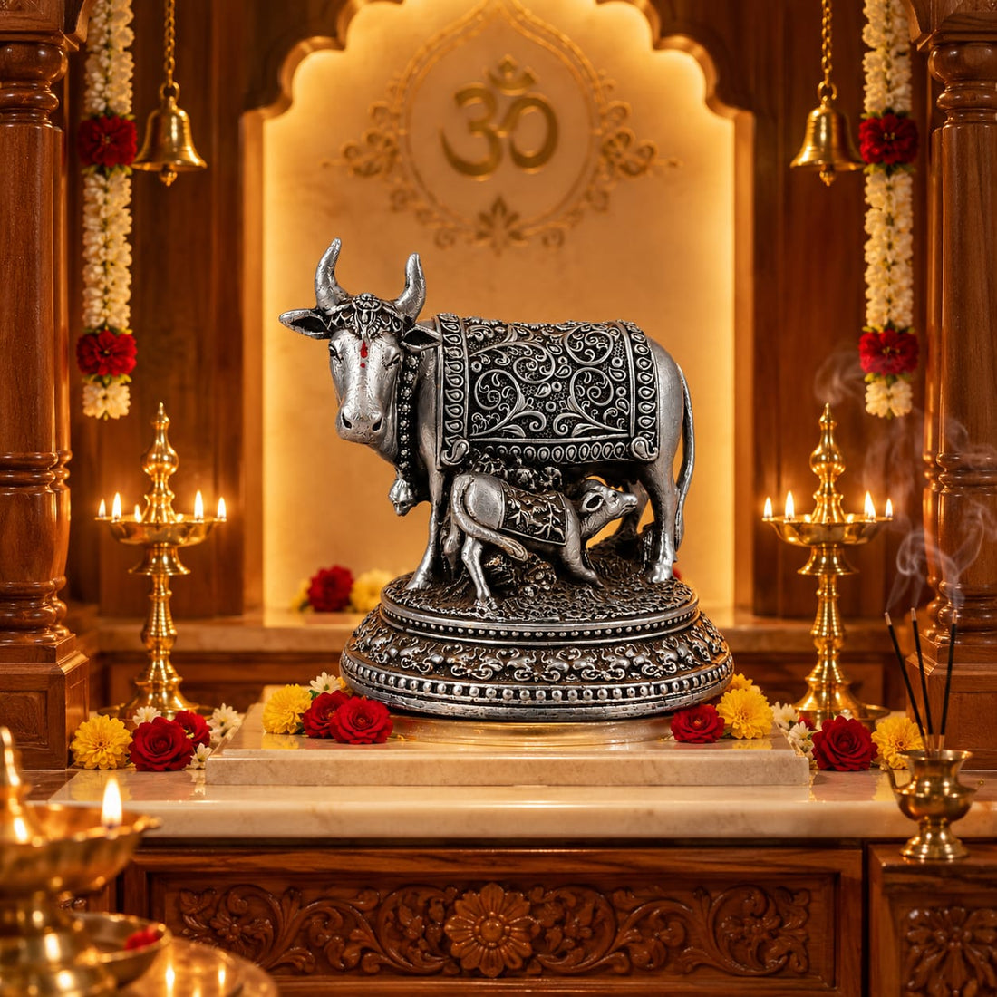 Silver Antique Kamadhenu Cow & Calf Decorative Statue | Hemant Art