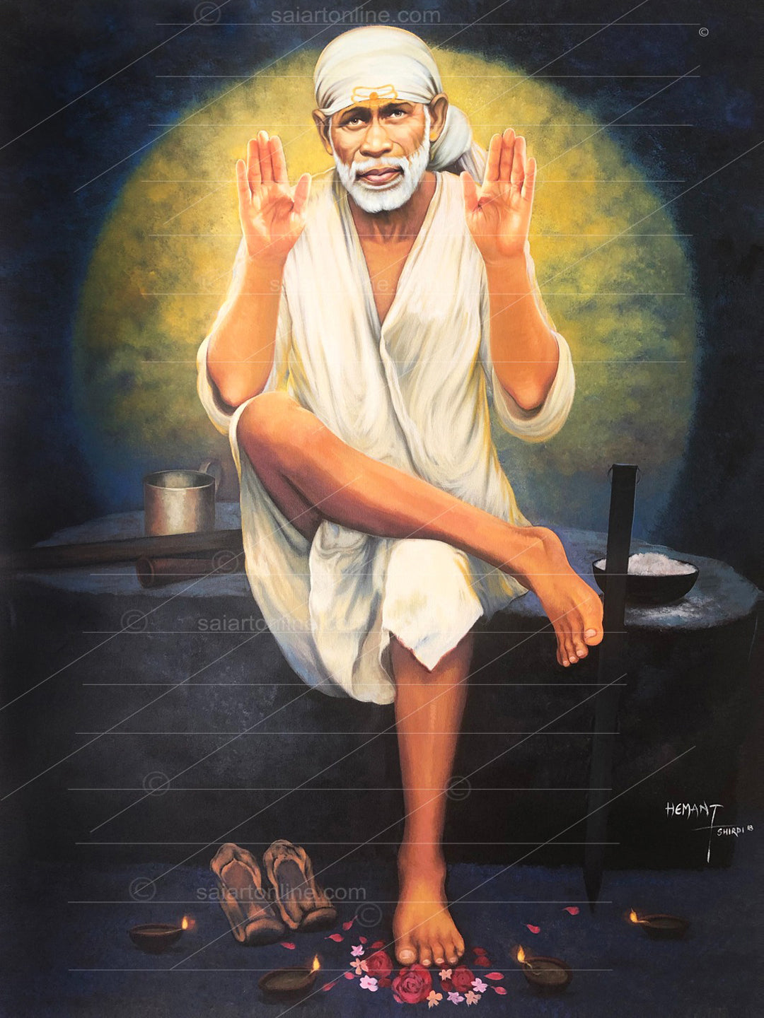 Shirdi Sai Baba Photo Sitting On Stone Hand Painting Canvas Reprint Wall Art Decor photo, Picture/Poster