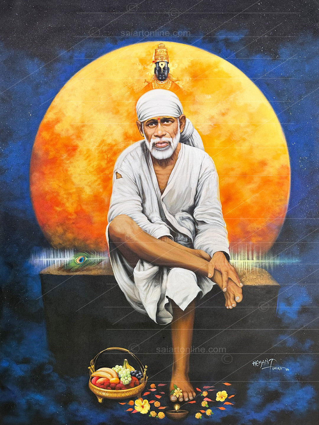 Shirdi Sai Baba Photo Sitting On Stone Hand Painting Canvas Reprint Wall Art Decor photo, Picture/Poster