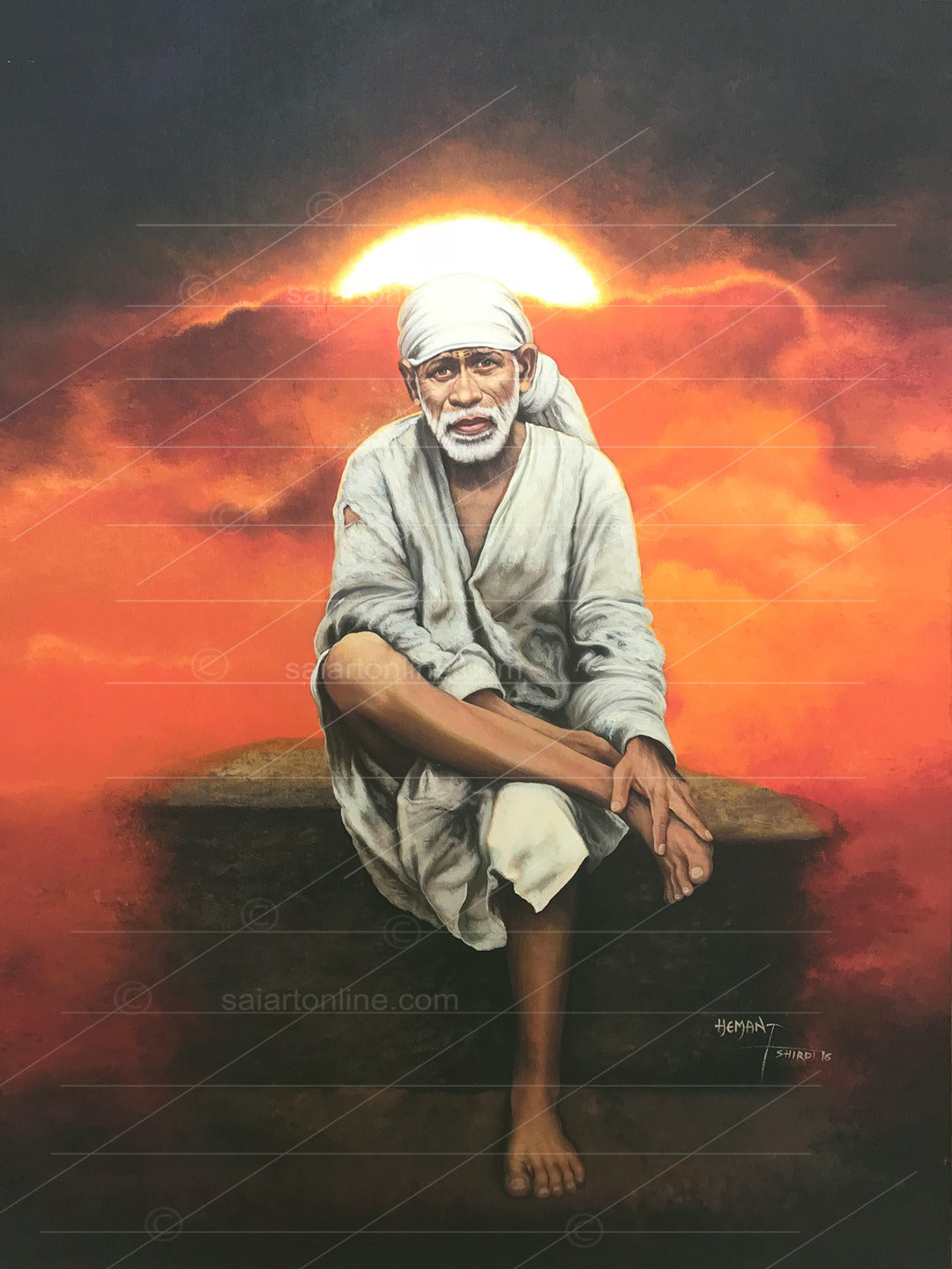 Shirdi Sai Baba Photo Sitting On Stone Hand Painting Canvas Reprint Wall Art Decor photo, Picture/Poster
