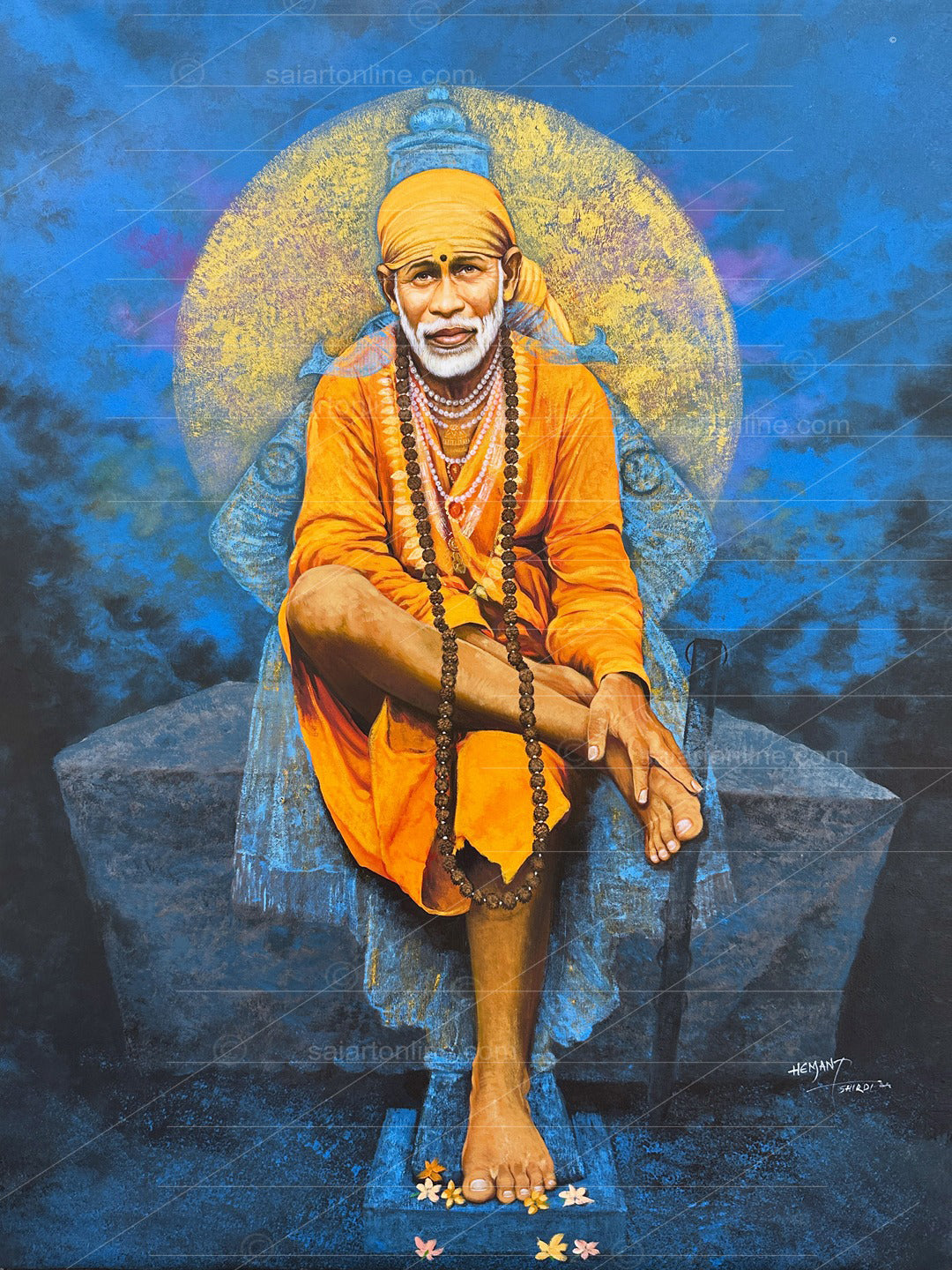 Shirdi Sai Baba Photo Sitting On Stone Hand Painting Canvas Reprint Wall Art Decor photo, Picture/Poster