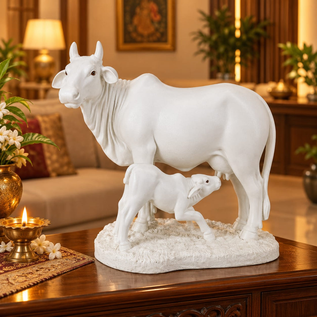 White Cow & Calf Porcelain Statue | Hemant Art