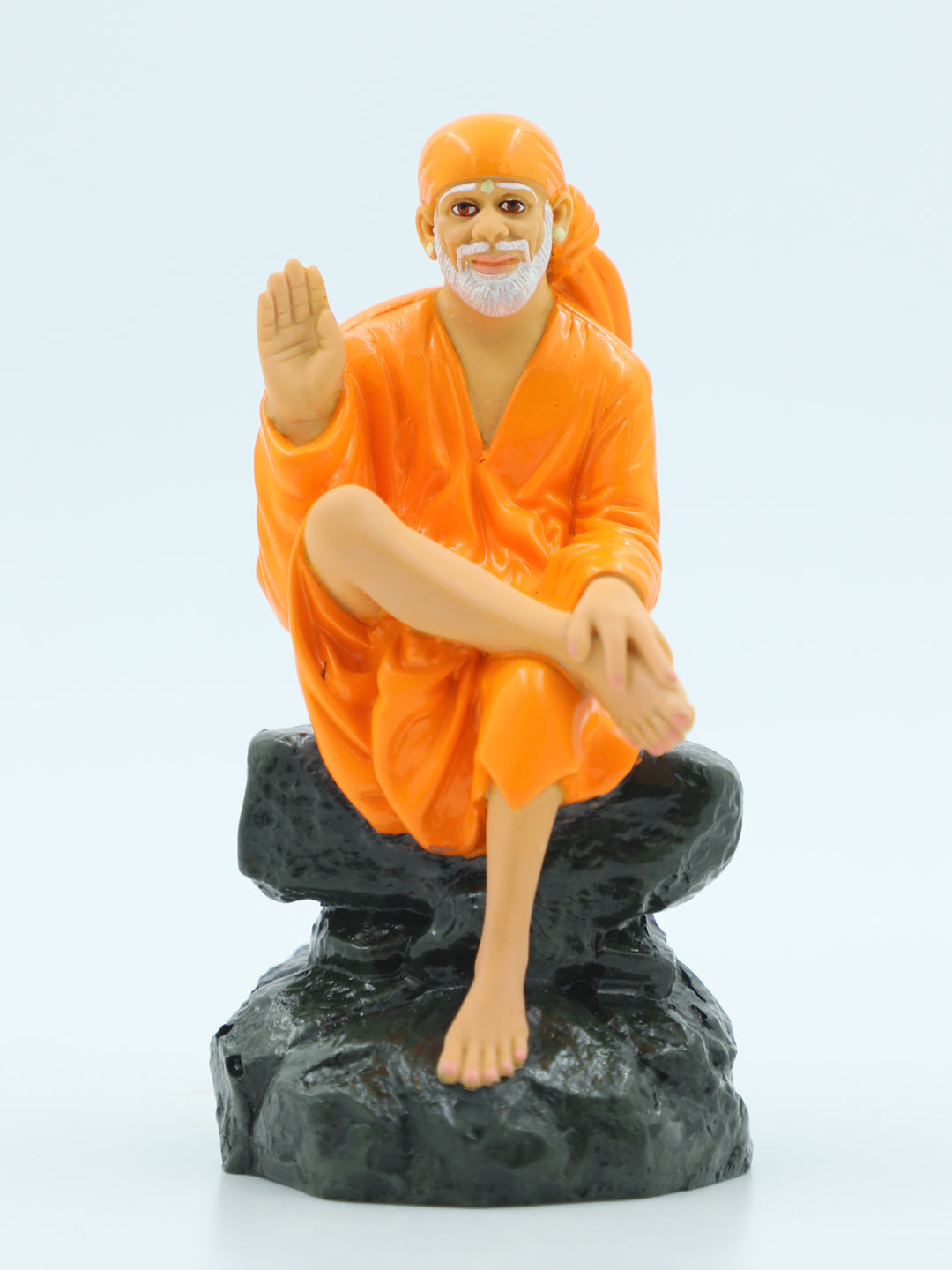 🙏 Hemant Art Shirdi Sai Baba Idol🛕 – Sitting on Stone, Aashirwad Hand – 4.5 Inch (Orange ), Handcrafted Resin Murti