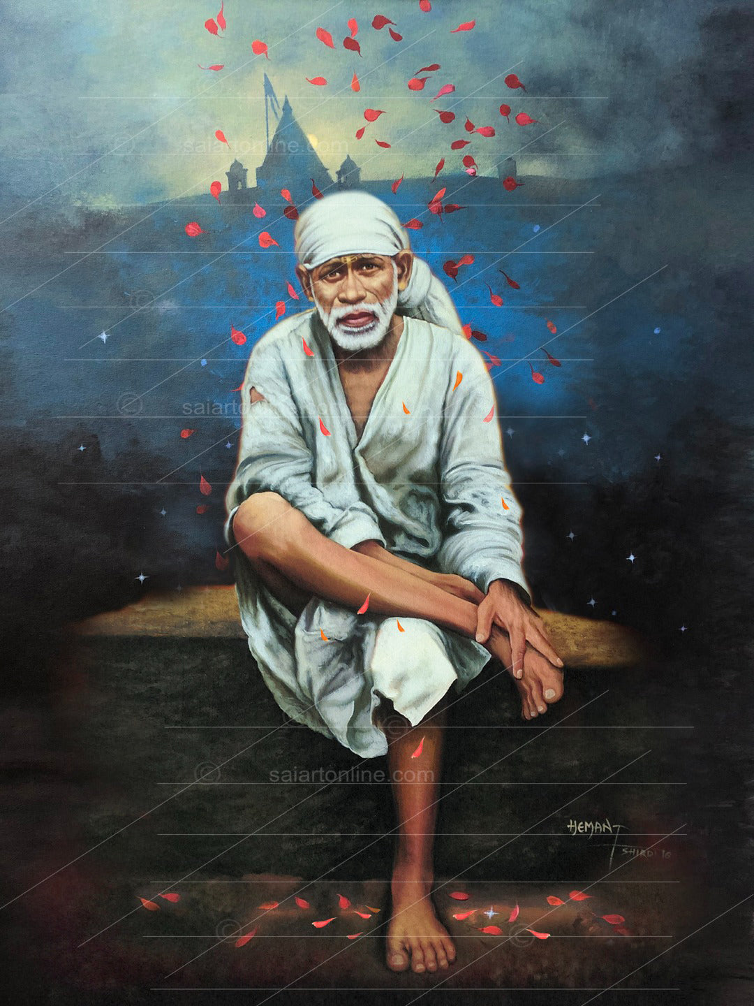 Shirdi Sai Baba Photo Sitting On Stone Hand Painting Canvas Reprint Wall Art Decor photo, Picture/Poster