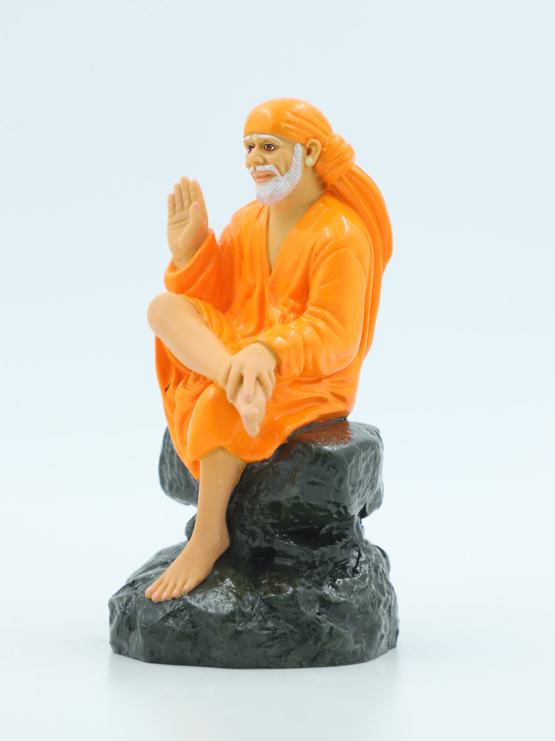 🙏 Hemant Art Shirdi Sai Baba Idol🛕 – Sitting on Stone, Aashirwad Hand – 4.5 Inch (Orange ), Handcrafted Resin Murti