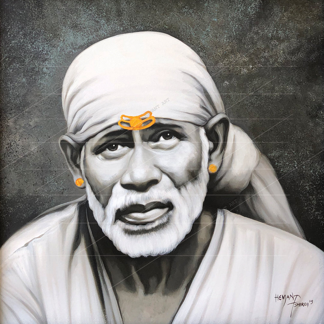 Sai Baba Face Pencil Sketch on Board Canvas Reprint Spiritual Art Hemant Art