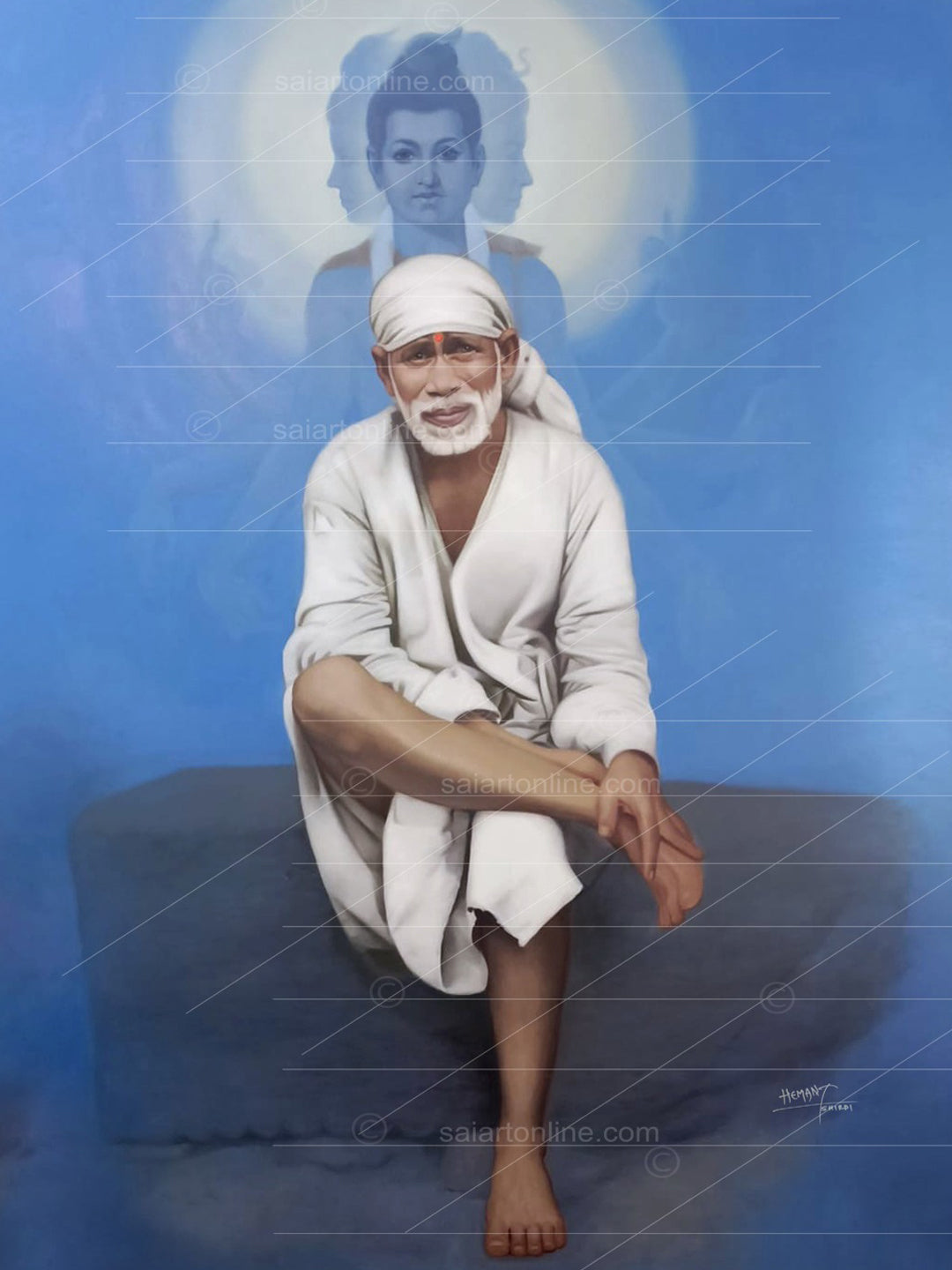 Shirdi Sai Baba Photo Sitting On Stone Hand Painting Canvas Reprint Wall Art Decor photo, Picture/Poster