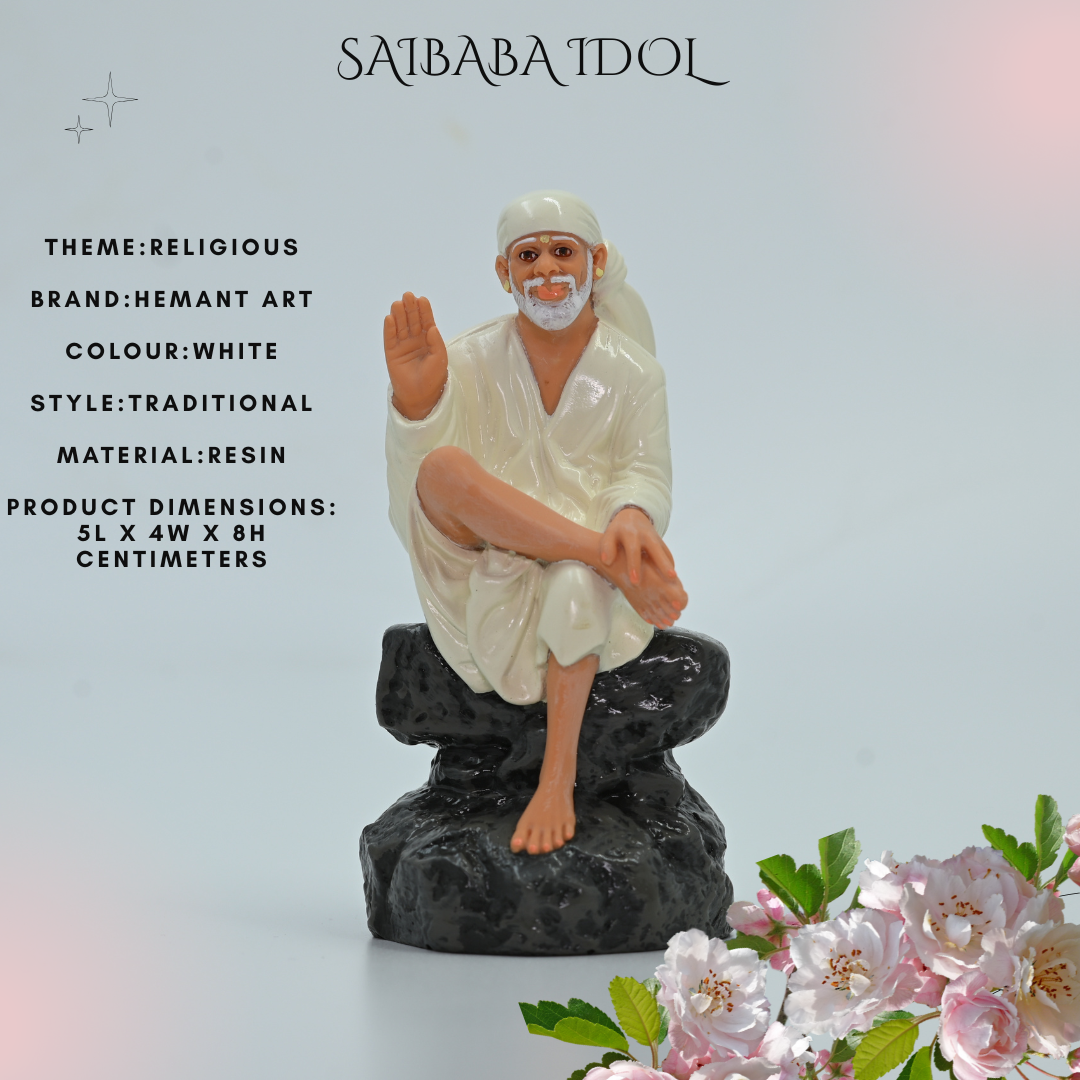 🙏 Hemant Art Shirdi Sai Baba Idol🛕 – Sitting on Stone, Aashirwad Hand – 4.5 Inch (White ), Handcrafted Resin Murti