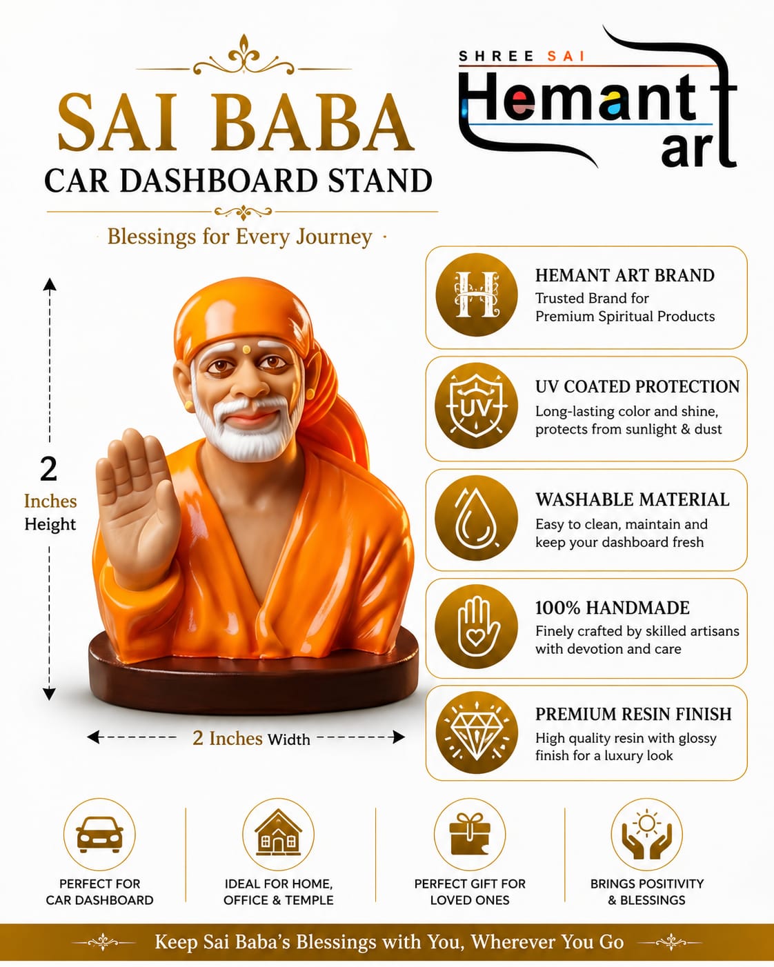 Sai Baba Idol for Car Dashboard – Premium Resin Finish | Hemant Art Shirdi