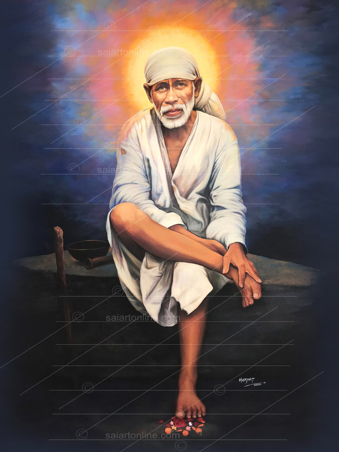 Shirdi Sai Baba Photo Sitting On Stone Hand Painting Canvas Reprint Wall Art Decor photo, Picture/Poster