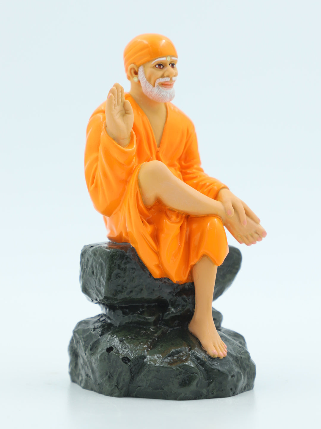 🙏 Hemant Art Shirdi Sai Baba Idol🛕 – Sitting on Stone, Aashirwad Hand – 4.5 Inch (Orange ), Handcrafted Resin Murti