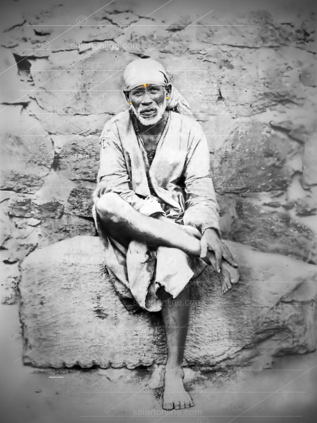 Shirdi Sai Baba Photo Sitting On Stone Hand Painting Canvas Reprint Wall Art Decor photo, Picture/Poster