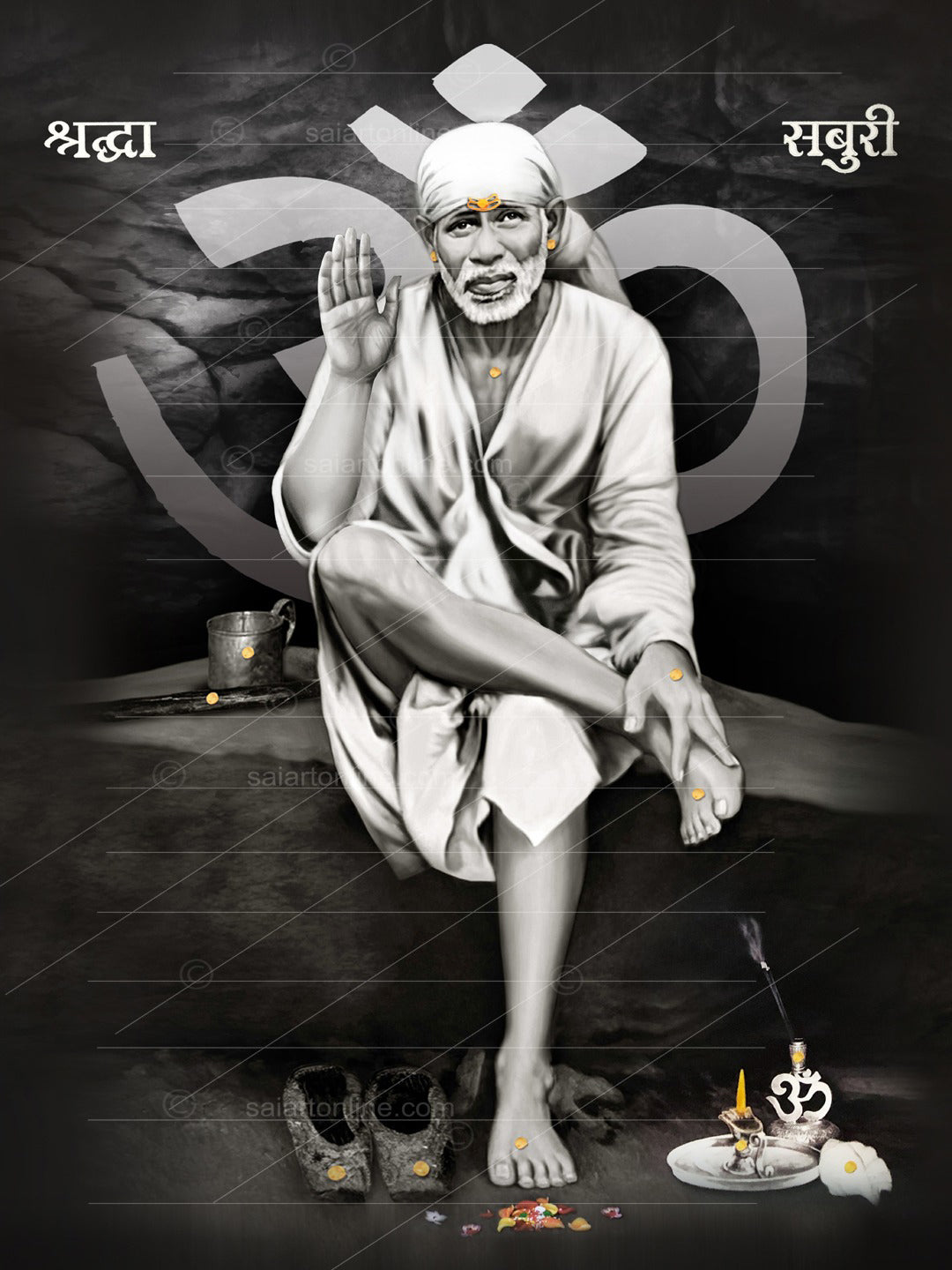 Shirdi Sai Baba Photo Sitting On Stone Hand Painting Canvas Reprint Wall Art Decor photo, Picture/Poster