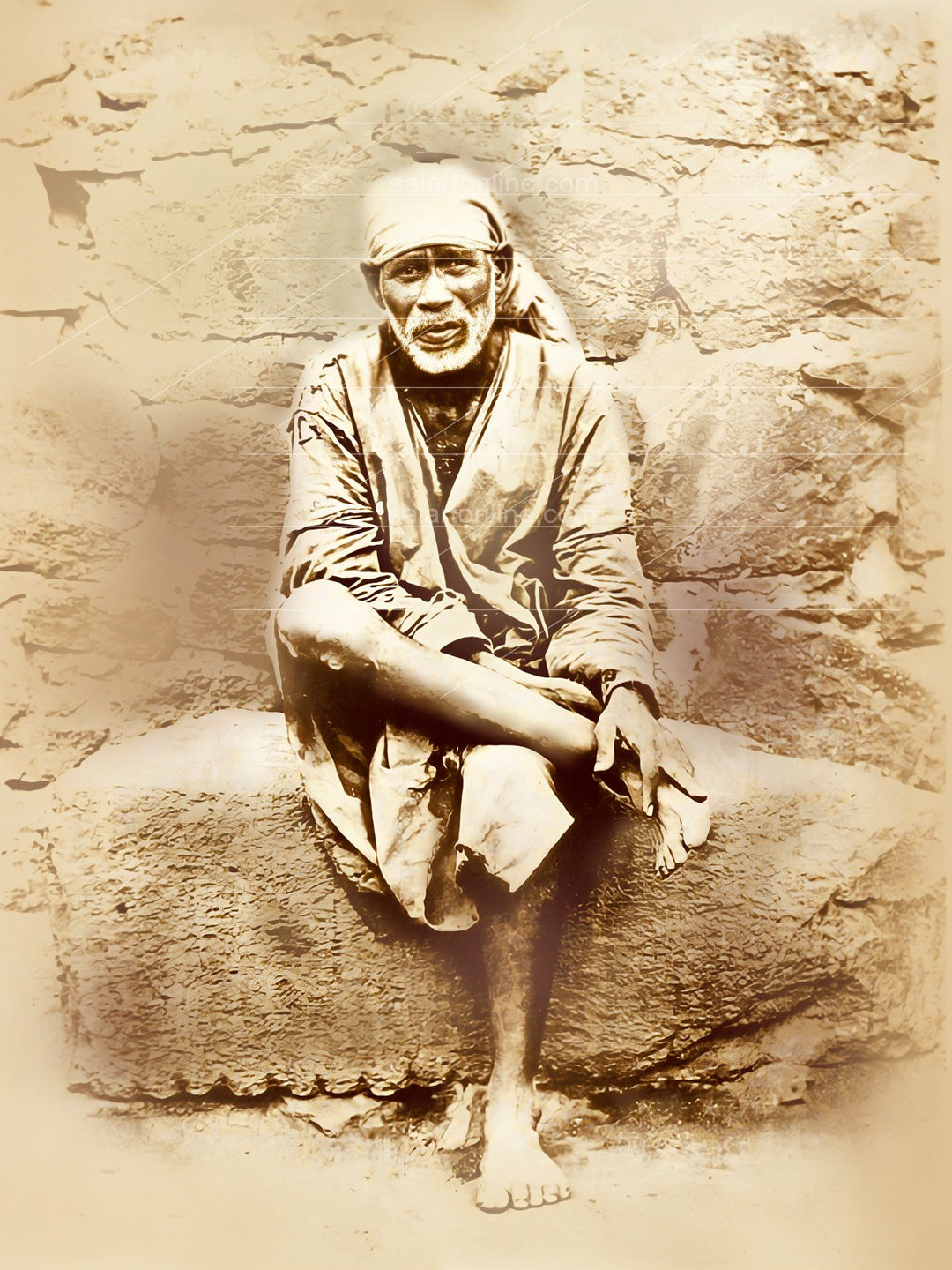 Sai Baba Original Photo Sitting on Stone Canvas Reprint | Hemant Art