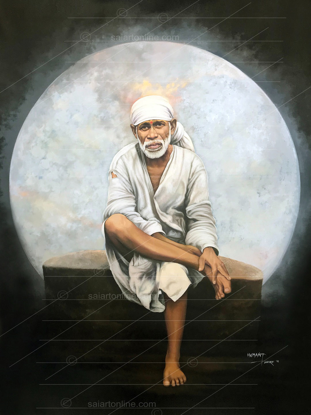 Shirdi Sai Baba Photo Sitting On Stone Hand Painting Canvas Reprint Wall Art Decor photo, Picture/Poster