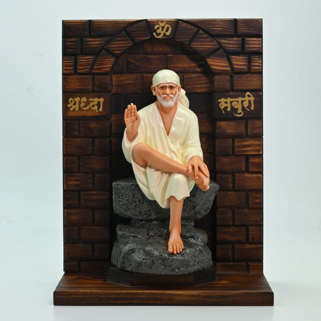 Sai Baba Statue with Wooden Stand – Ashirwad White Hemant Art