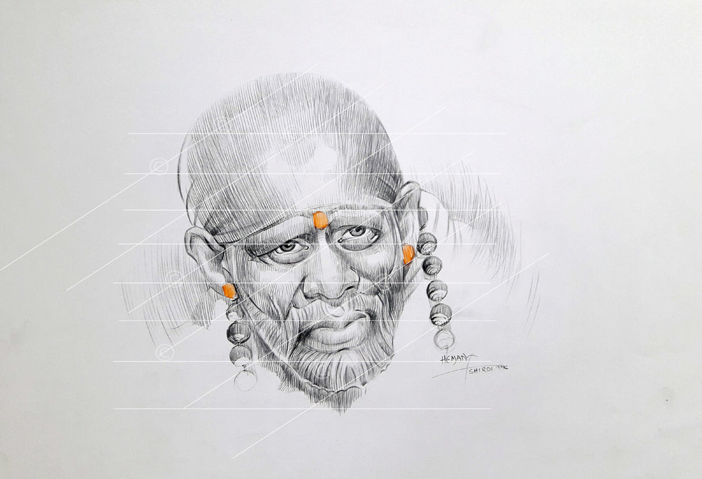 Hemant Art Shirdi Sai Baba Pencil Sketch on Paper | Handmade Sai Baba Photo | Sai Baba Canvas Reprint Poster