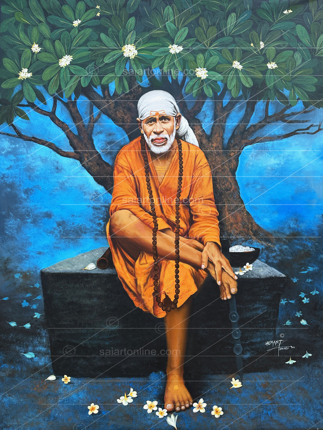 Shirdi Sai Baba Photo Sitting On Stone Hand Painting Canvas Reprint Wall Art Decor photo, Picture/Poster