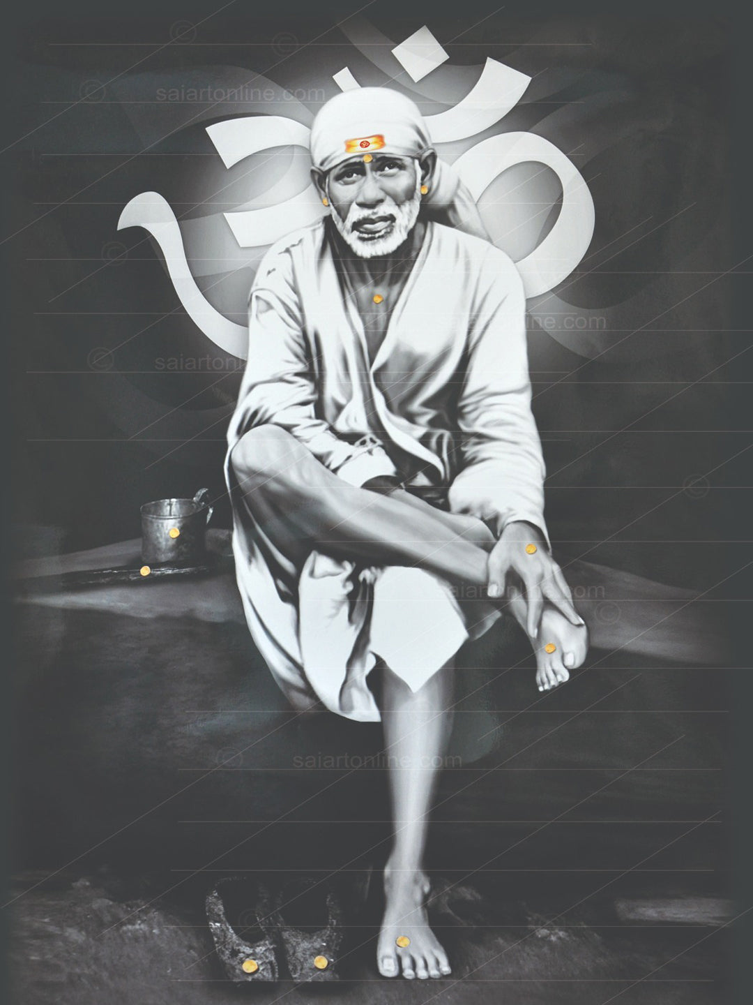Shirdi Sai Baba Photo Sitting On Stone Hand Painting Canvas Reprint Wall Art Decor photo, Picture/Poster