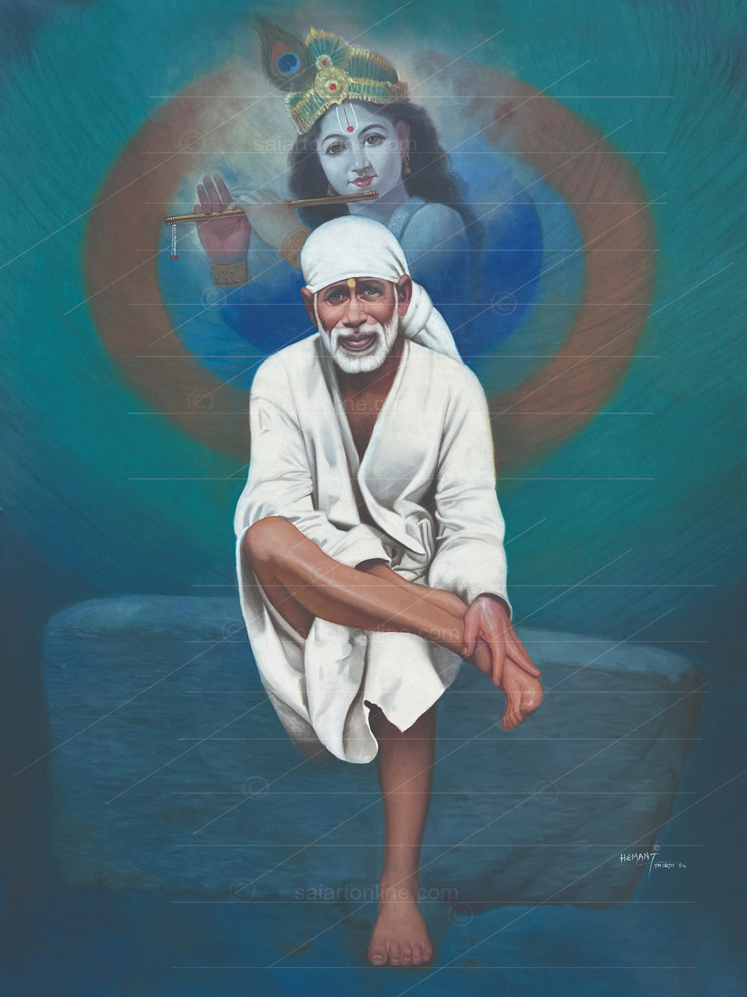 Shirdi Sai Baba Photo Sitting On Stone Hand Painting Canvas Reprint Wall Art Decor photo, Picture/Poster