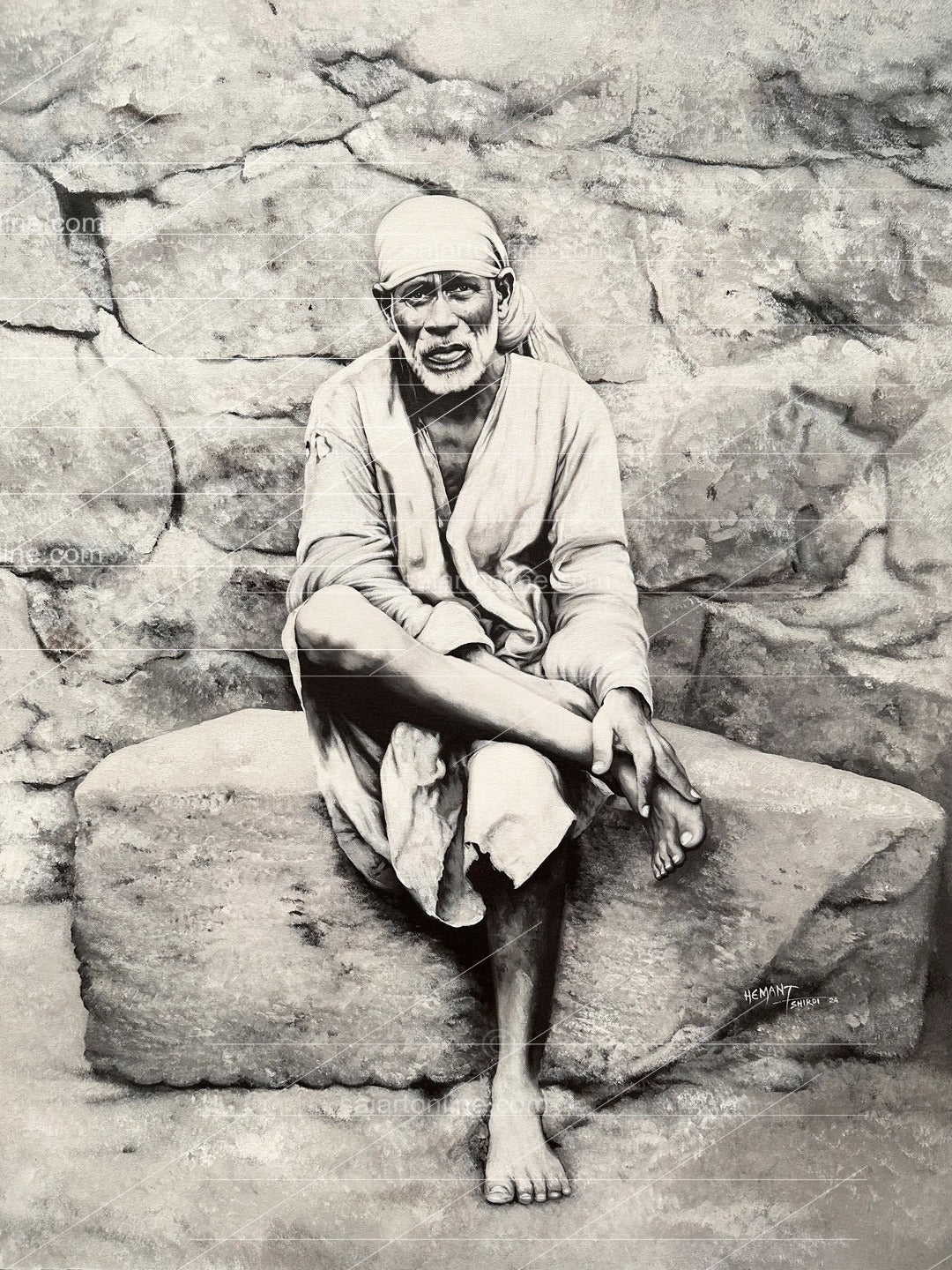 Shirdi Sai Baba Photo Sitting On Stone Hand Painting Canvas Reprint Wall Art Decor photo, Picture/Poster