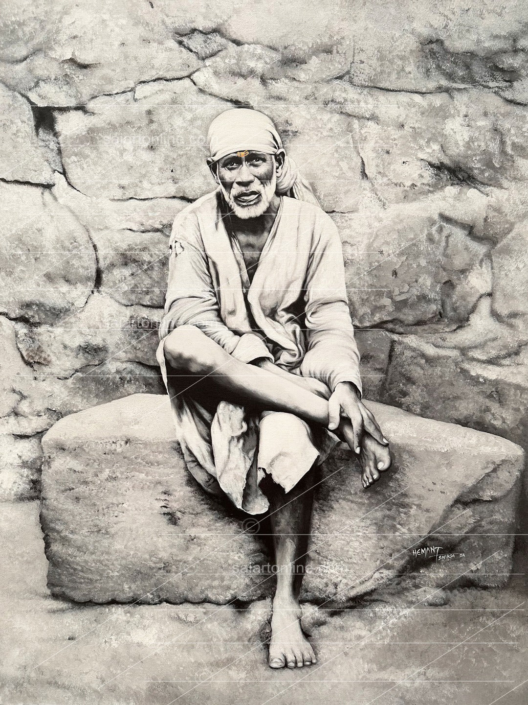 Shirdi Sai Baba Photo Sitting On Stone Hand Painting Canvas Reprint Wall Art Decor photo, Picture/Poster