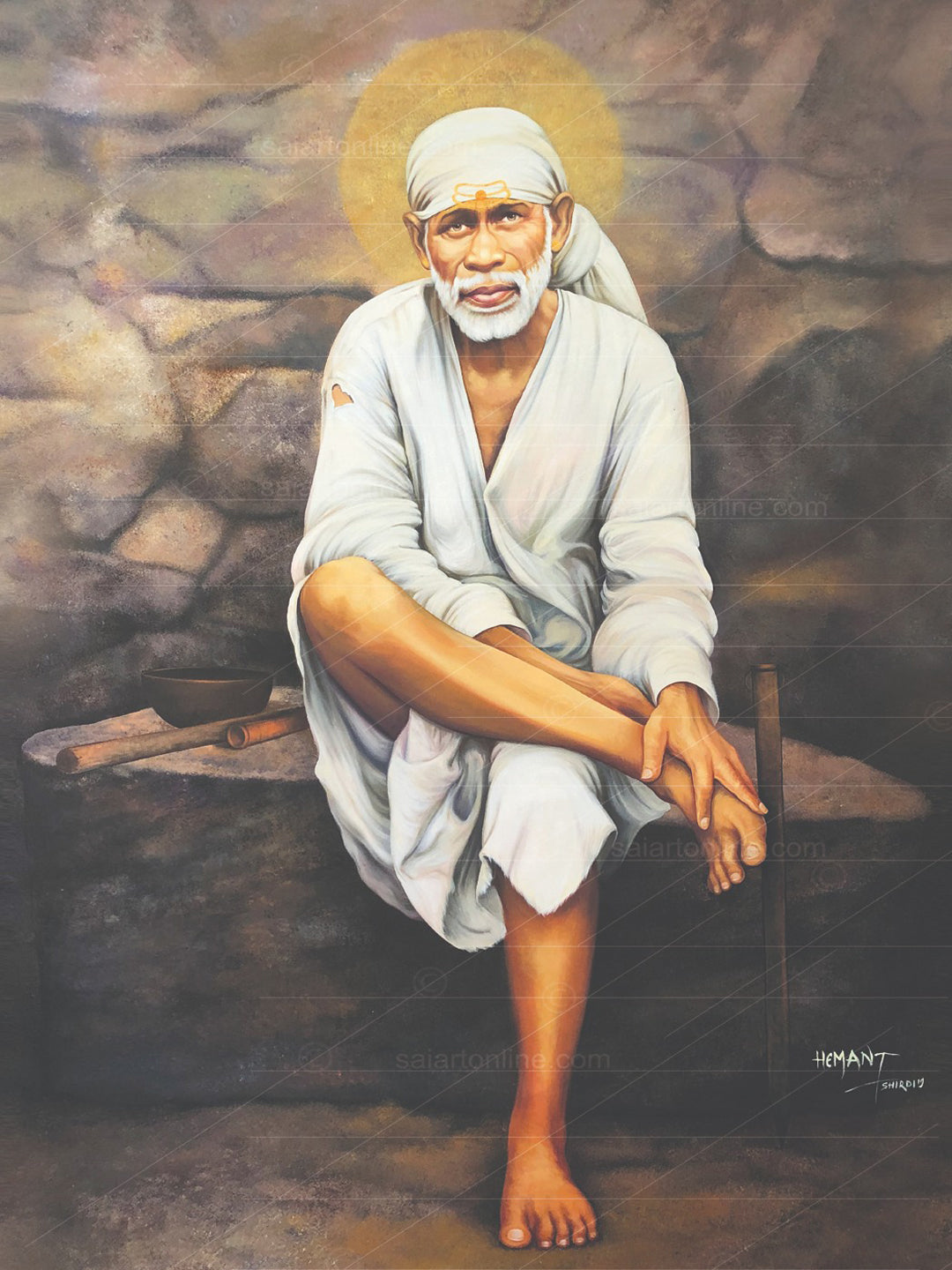 Shirdi Sai Baba Photo Sitting On Stone Hand Painting Canvas Reprint Wall Art Decor photo, Picture/Poster