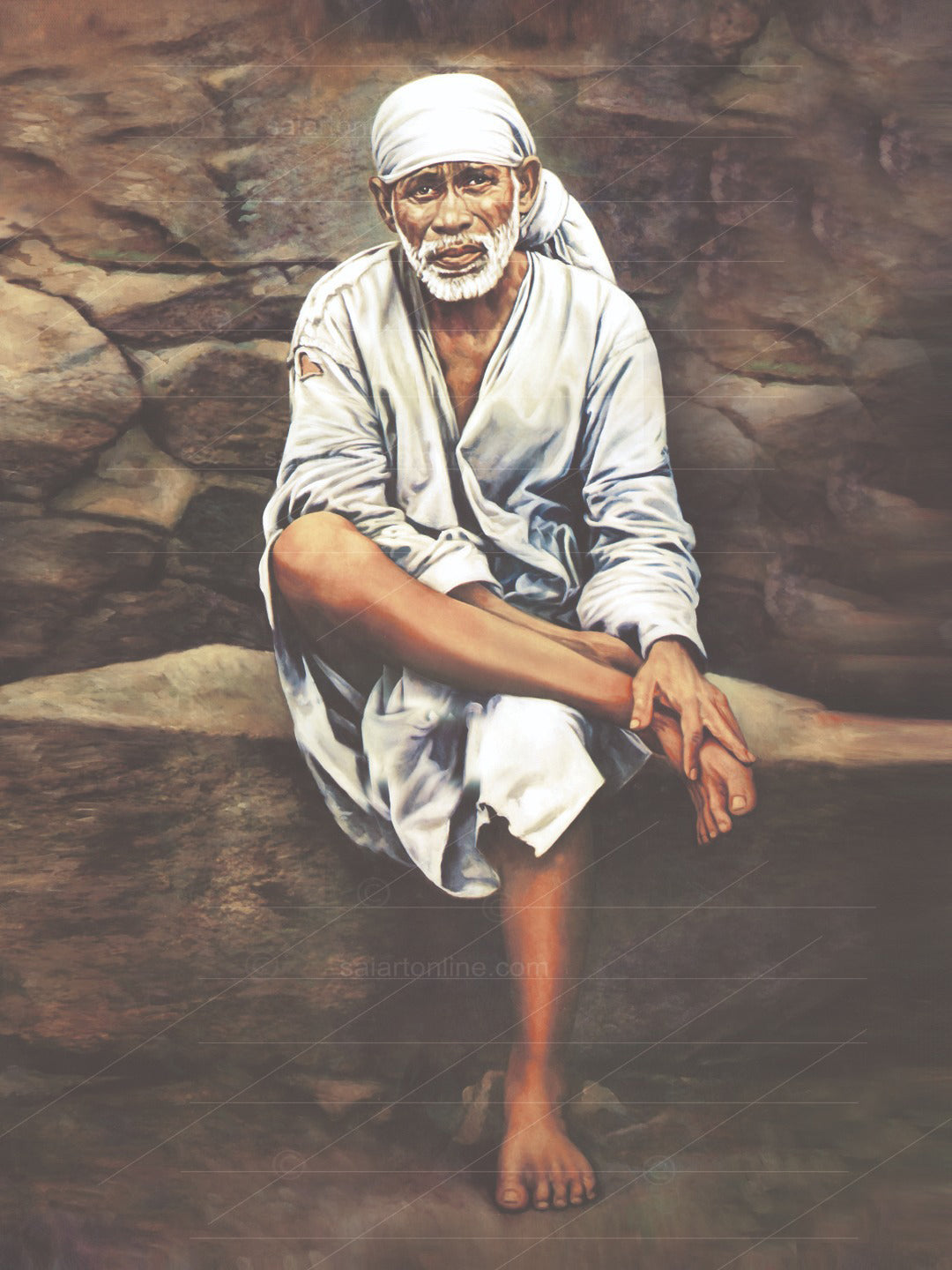 Shirdi Sai Baba Photo Sitting On Stone Hand Painting Canvas Reprint Wall Art Decor photo, Picture/Poster