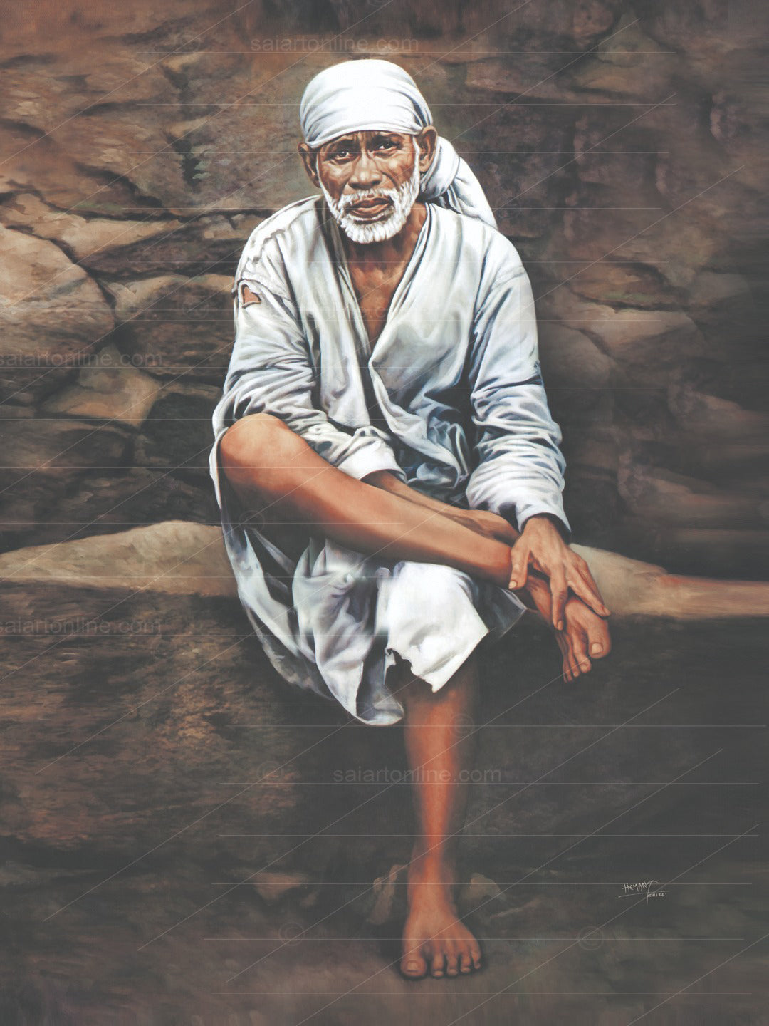 Sai Baba Original Photo Sitting on Stone Canvas Reprint | Hemant Art
