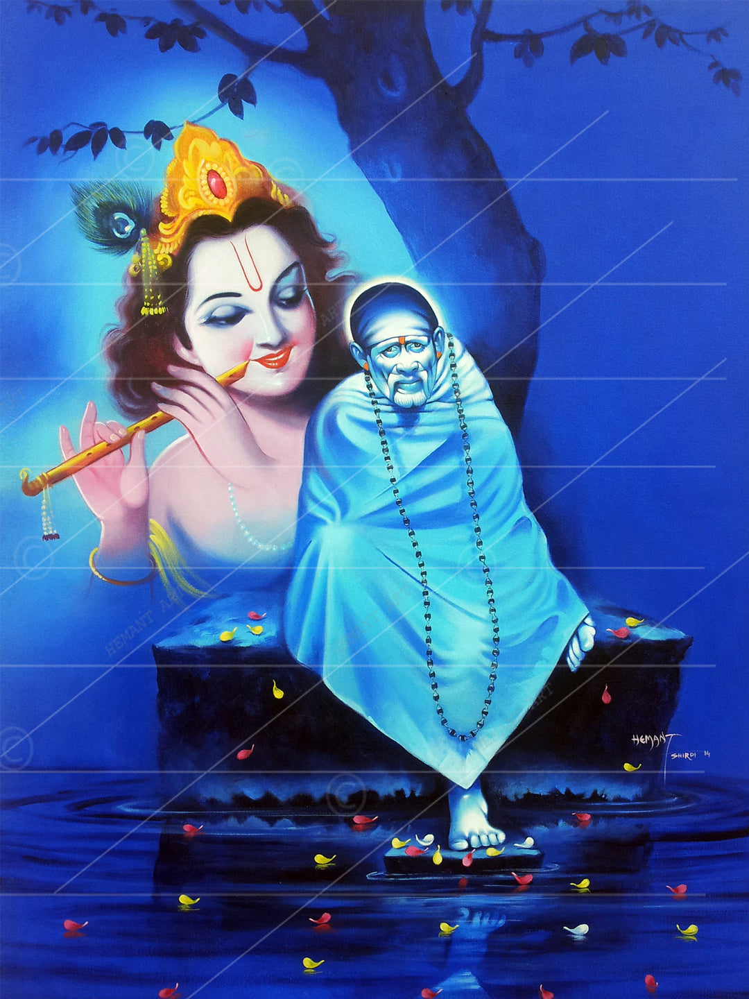 Saibaba & Krishna Samadhi Canvas, Blue
