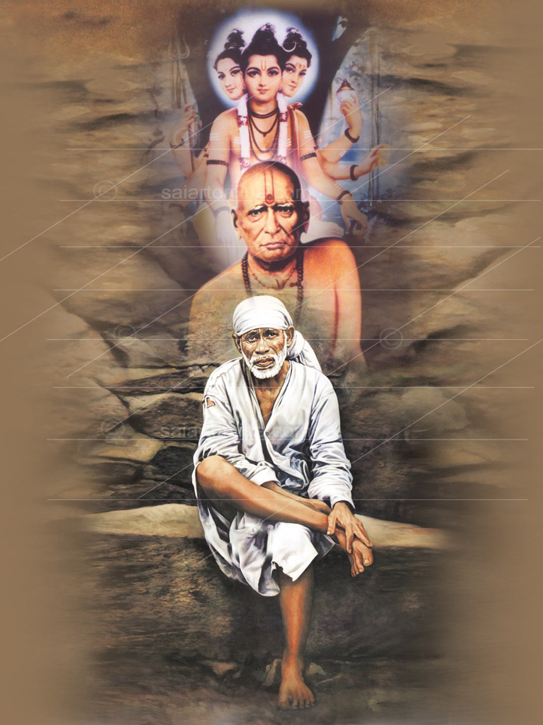 Shirdi Sai Baba Photo Sitting On Stone Hand Painting Canvas Reprint Wall Art Decor photo, Picture/Poster