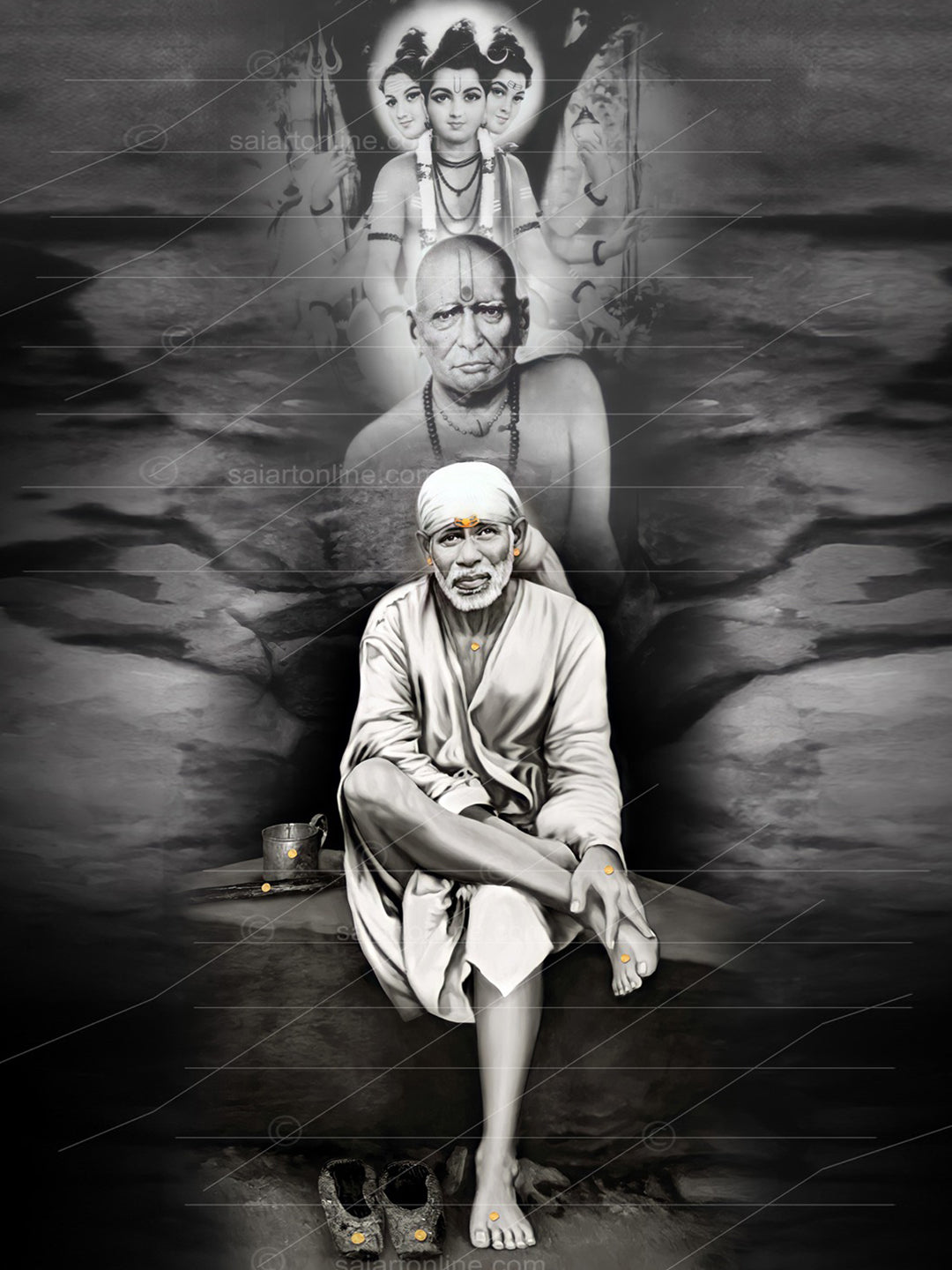 Shirdi Sai Baba Photo Sitting On Stone Hand Painting Canvas Reprint Wall Art Decor photo, Picture/Poster