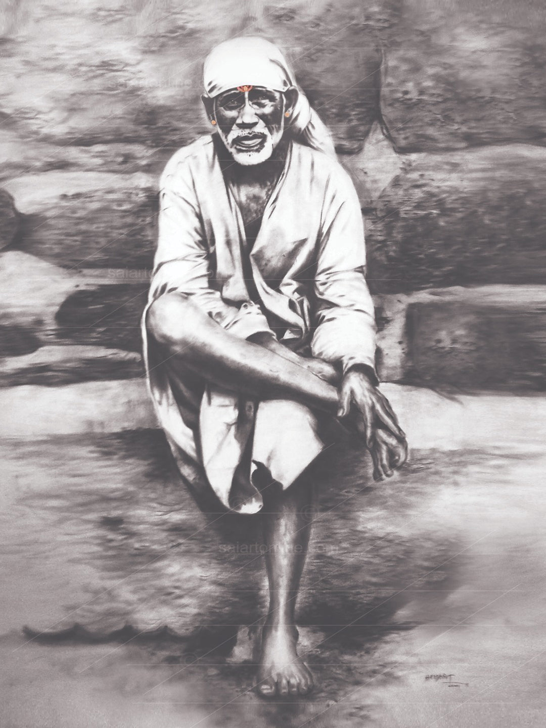 Shirdi Sai Baba Photo Sitting On Stone Hand Painting Canvas Reprint Wall Art Decor photo, Picture/Poster